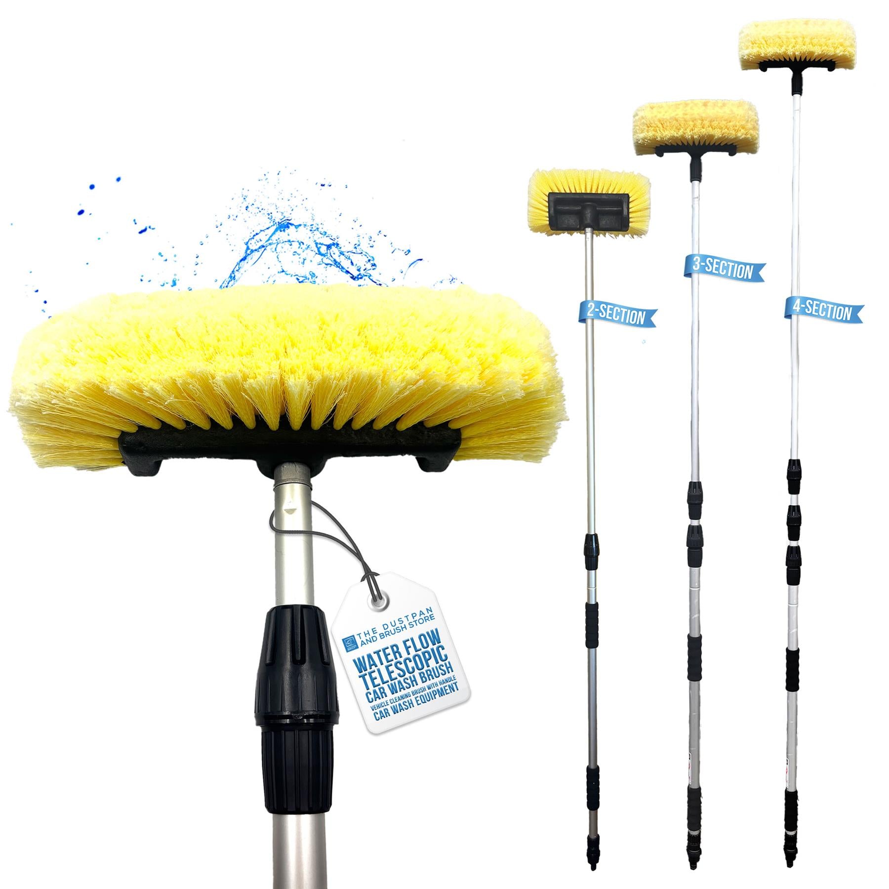 A yellow high-velocity water flow car wash brush shown close-up with a tag, alongside three longer extension versions labeled Section 1, Section 2, and Section 3 on a white background.