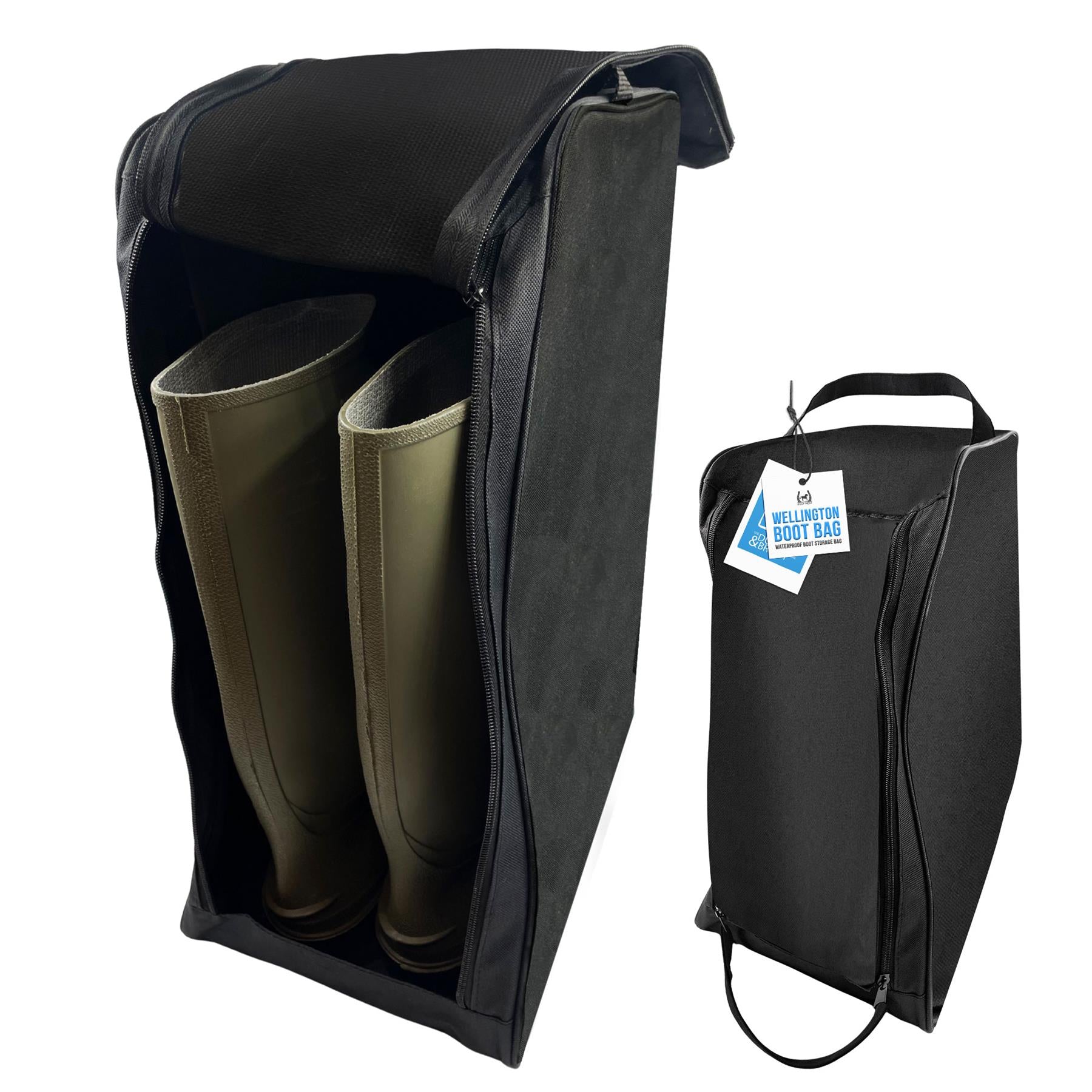 Large Boot Bag for Wellies & Walking Boots open and a smaller image showing it zipped up on a white background
