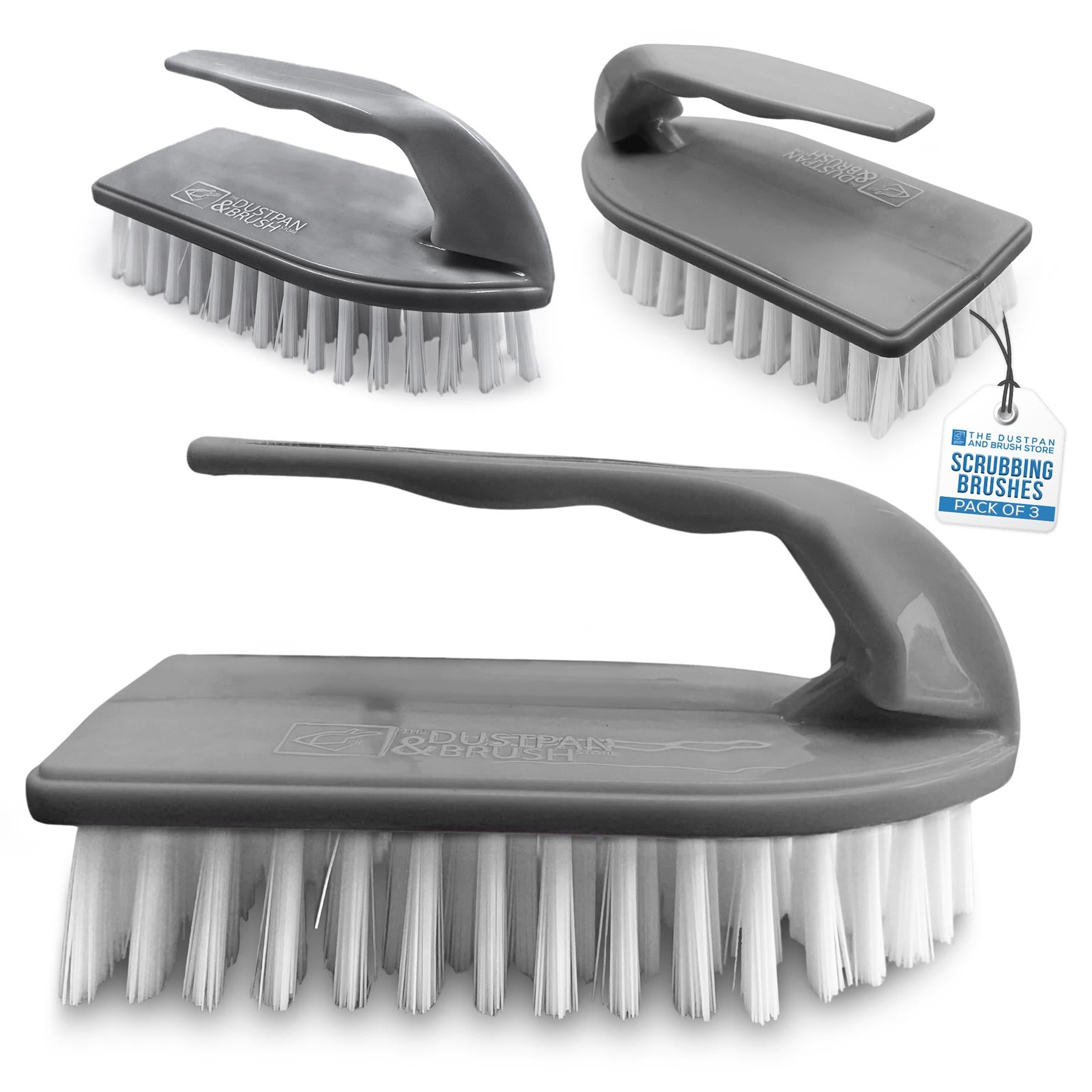 Three grey scrubbing brushes with white bristles on a white background