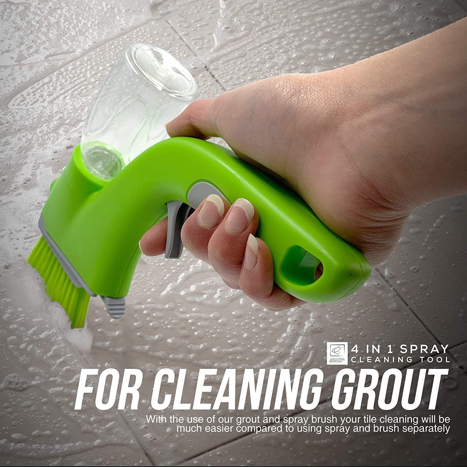 4 in 1 Grout and Tile Spray Cleaning Kit Green grout cleaning tool with a hand holding it, used on tiled surfaces.