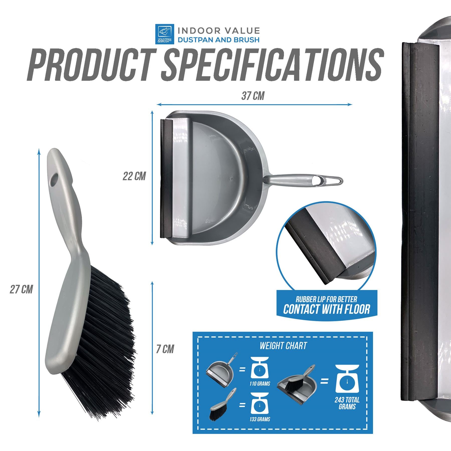 Plastic Dustpan and Soft Hand Brush specifications on a white background - The Dustpan and Brush Store