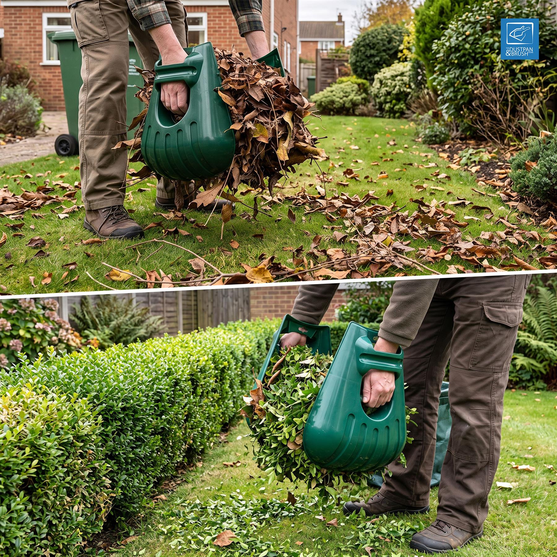 A split-screen lifestyle image showing a person using a green leaf caddy to collect fallen leaves in a garden. The top panel shows the caddy filled with dry leaves on a lawn, and the bottom panel shows the caddy being used to gather leaves along a hedge.