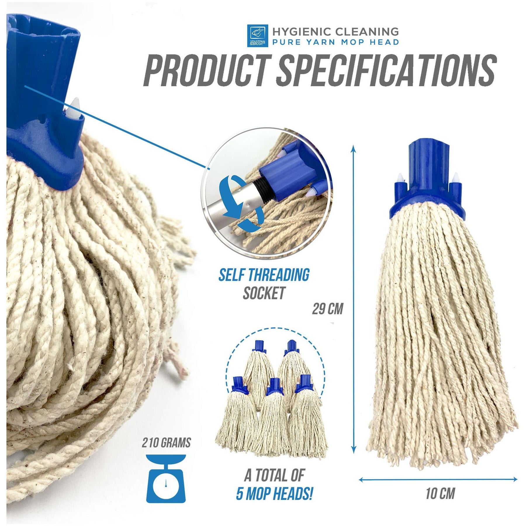Colour Coded Blue Cotton Mop Head 12PY - Pack of 5 - The Dustpan and Brush Store