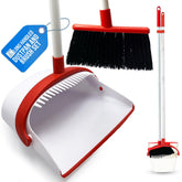 Red and white dustpan and brush set with a blue tag on a white background