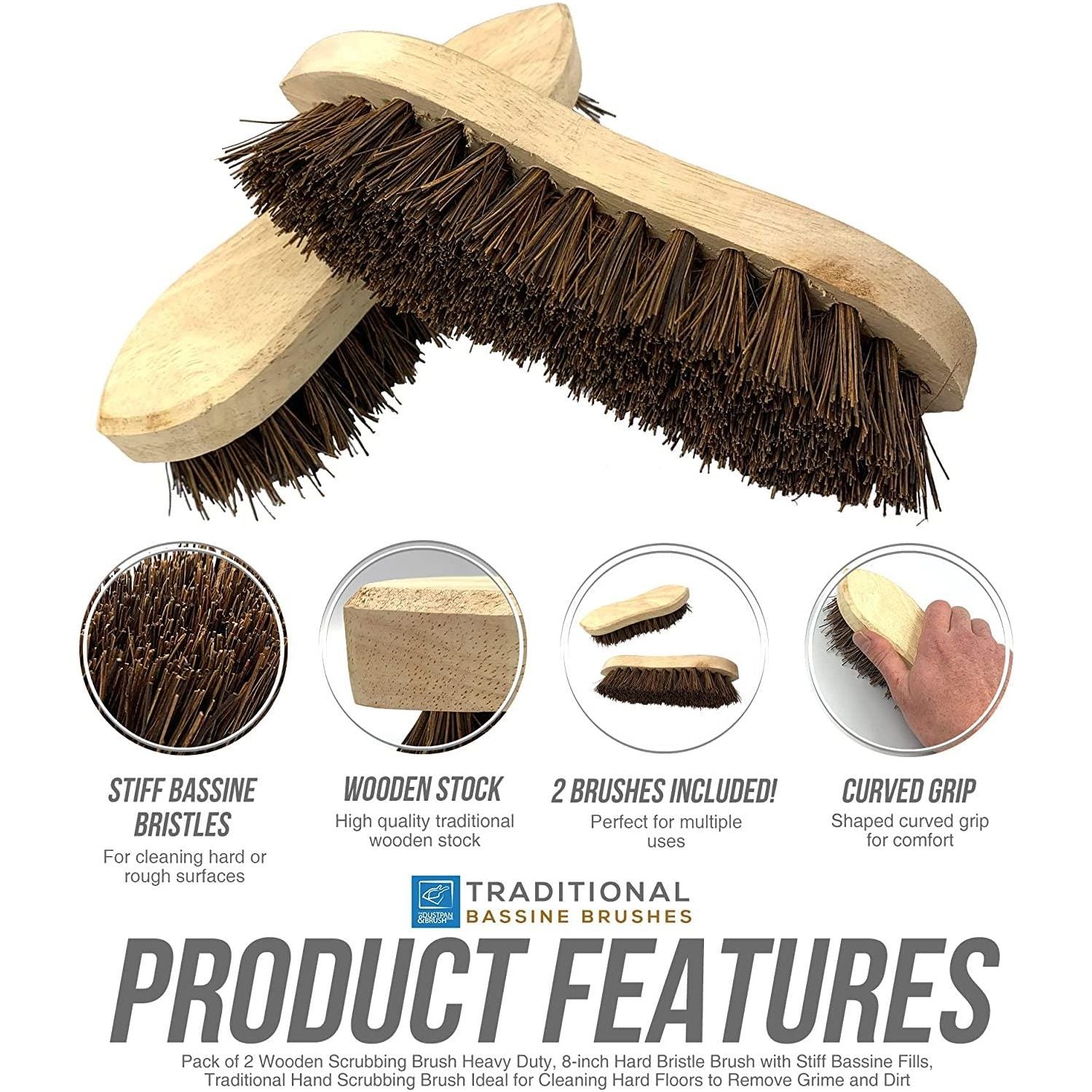 Traditional Wooden Scrubbing Brush - Pack of 2 - The Dustpan and Brush Store