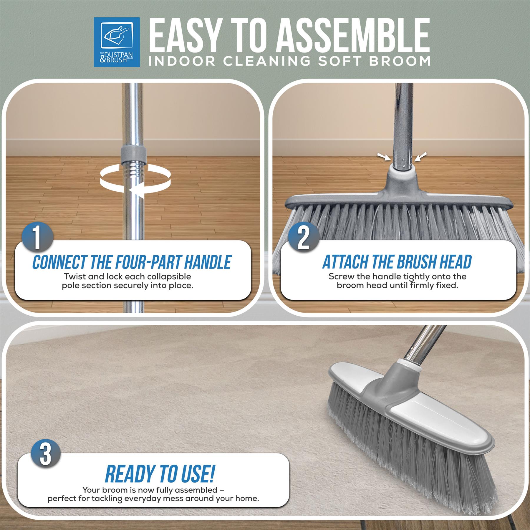 Grey & White Indoor Broom with 4 Piece Handle - The Dustpan and Brush Store