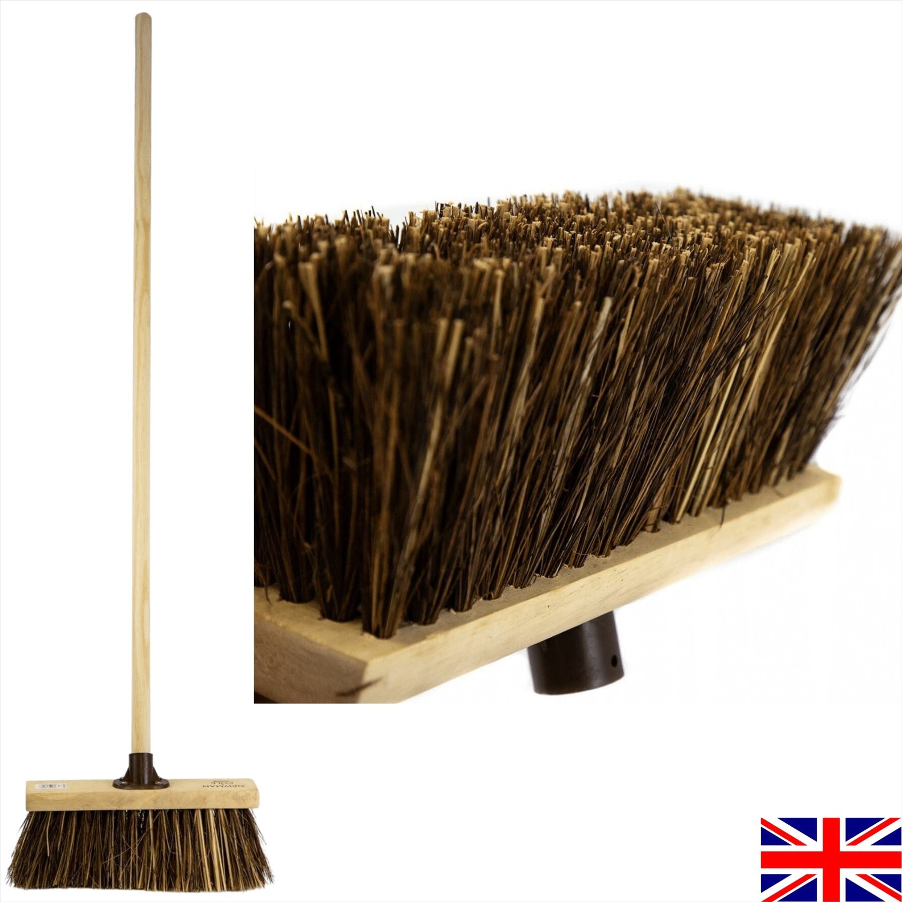13" Newman and Cole Nautral Stiff Bass & Cane Flat Broom Head with Plastic Socket and Wooden Handle - The Dustpan and Brush Store