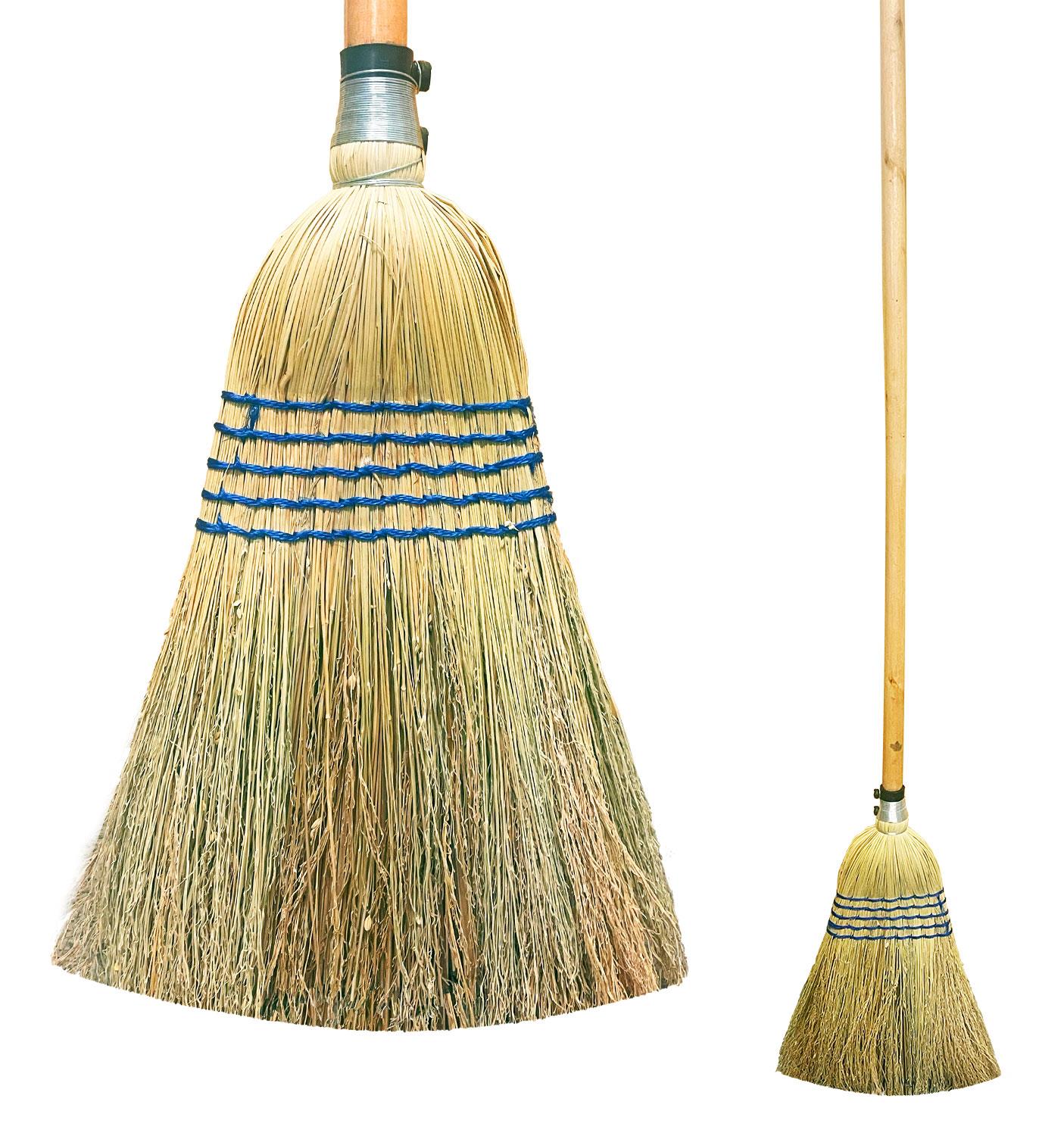 A traditional straw broom with a conical head, blue woven bands, and a light wood handle, shown alongside a smaller close-up of the broom head and handle on a white background.