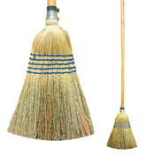 A traditional straw broom with a conical head, blue woven bands, and a light wood handle, shown alongside a smaller close-up of the broom head and handle on a white background.