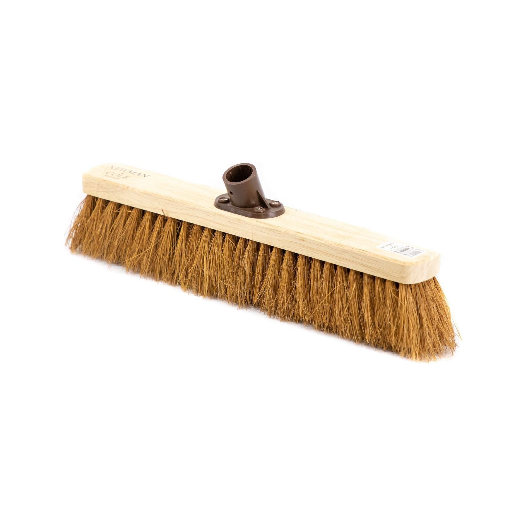angled shot of the 18" Newman and Cole Natural Soft Coco Broom Head with Plastic Socket On a white background