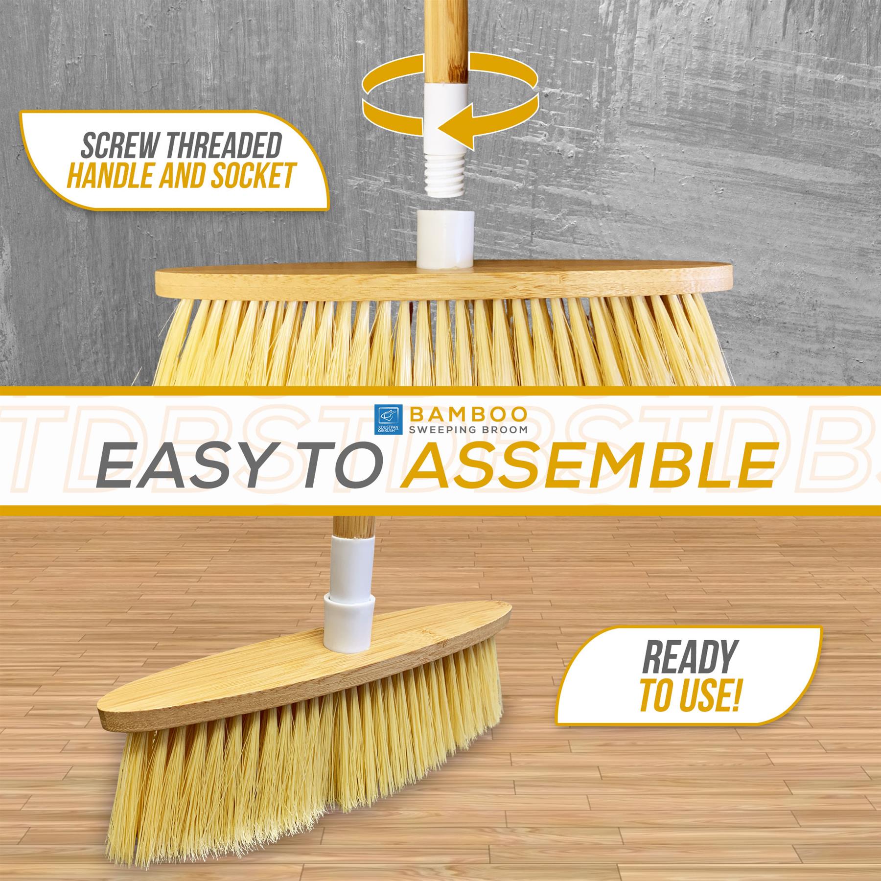 Bamboo sweeping broom with screw-threaded handle and socket on a wooden floor.