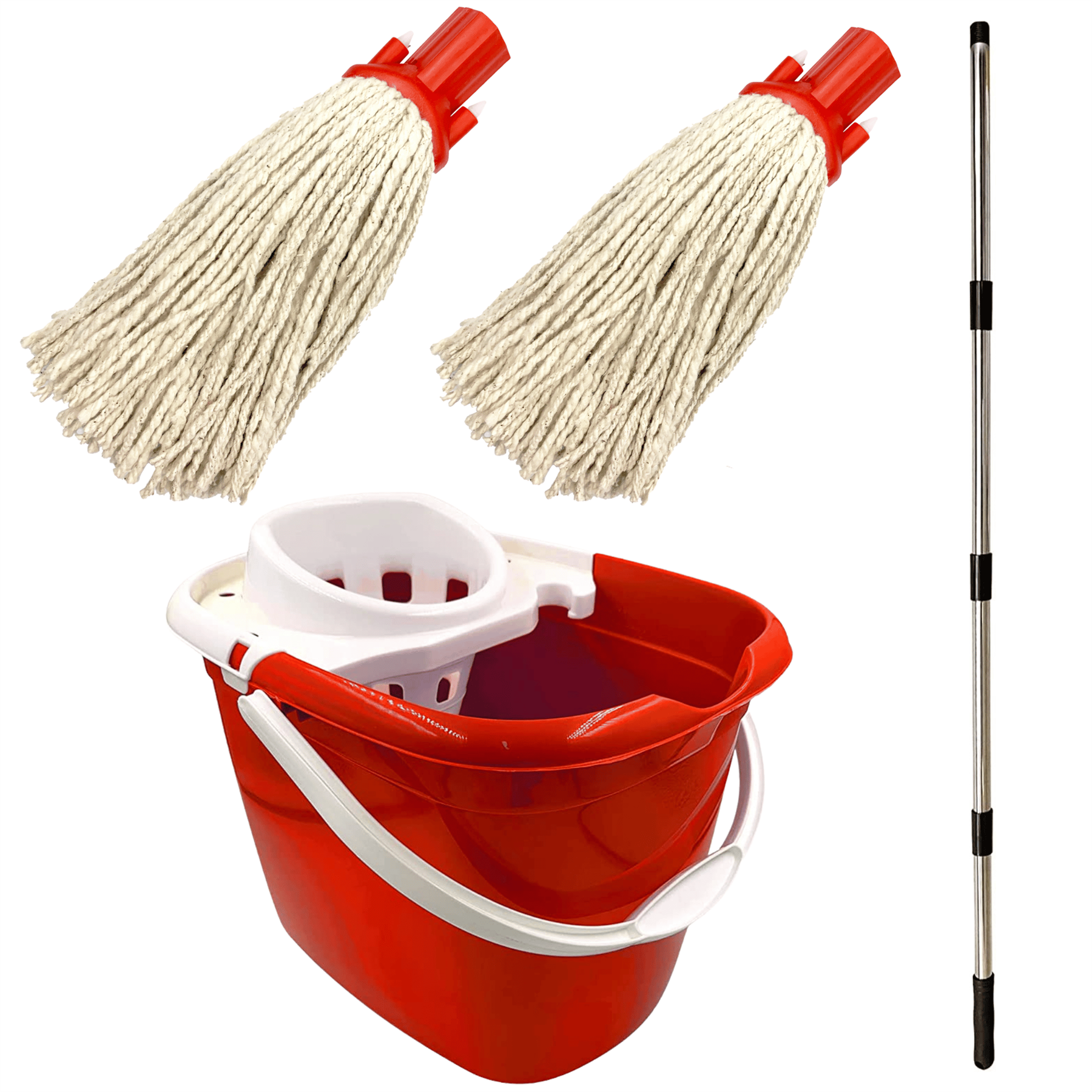 Red Mop Bucket with 2 Cotton Mop Heads and 4 Piece Handle - The Dustpan and Brush Store