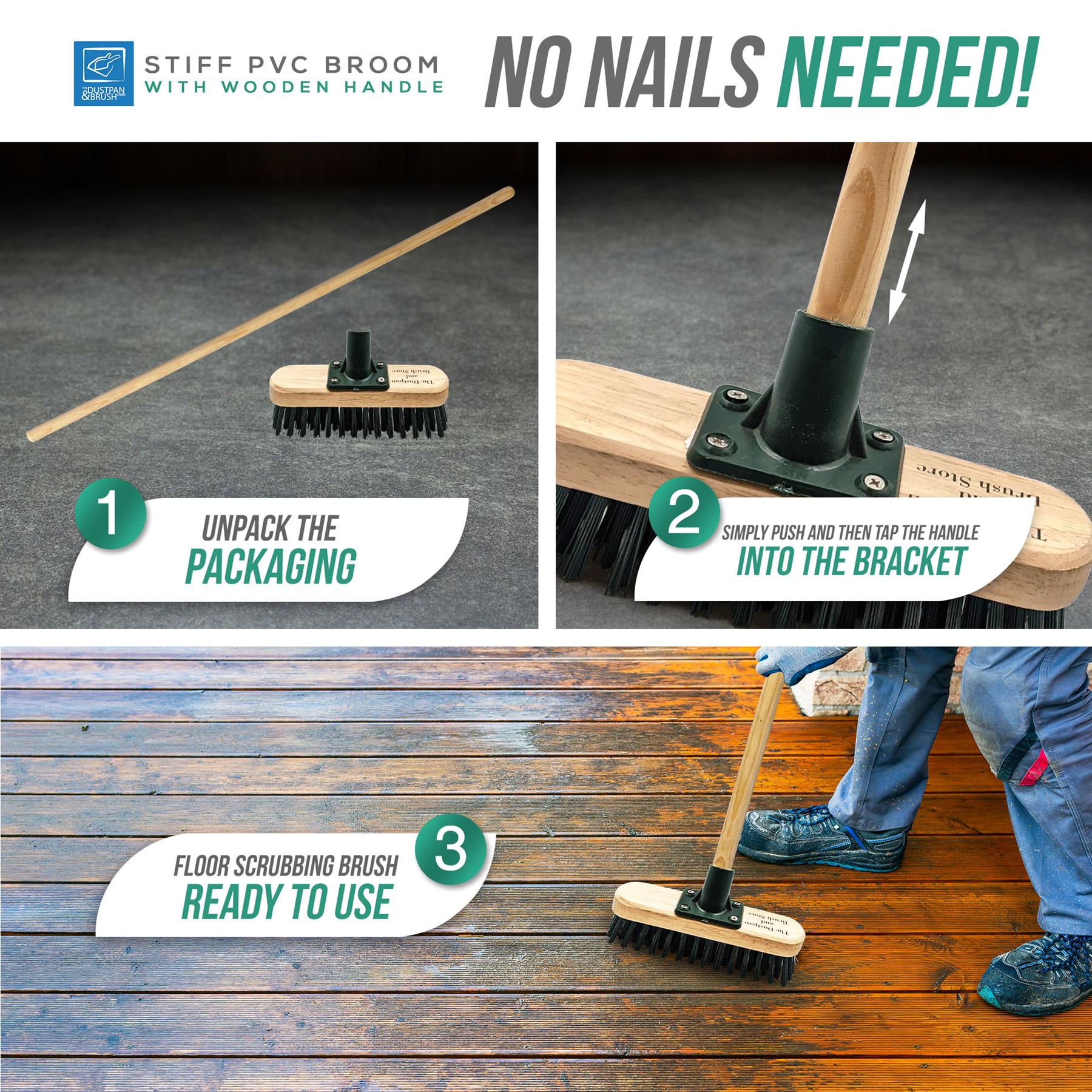Stiff PVC broom with wooden handle assembly instructions and usage on a wooden floor.