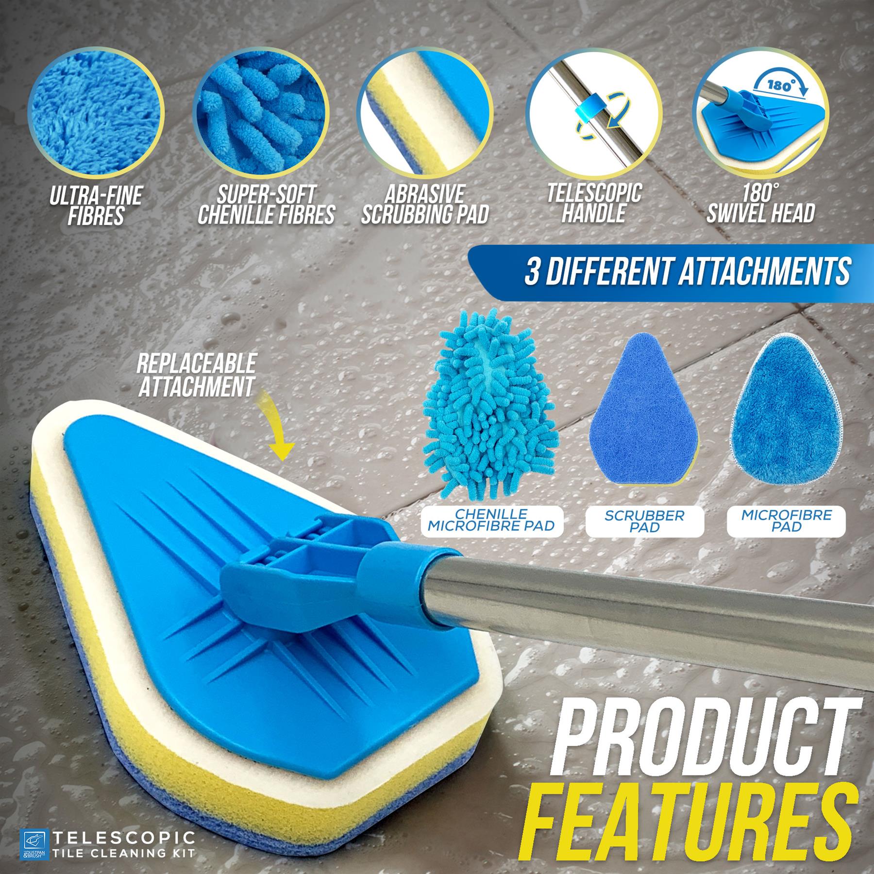Telescopic tile cleaning kit with a blue and yellow triangular sponge mop head, shown on a wet tile surface with feature callouts and three detachable pads: chenille microfibre pad, scrubber pad, and microfibre pad.