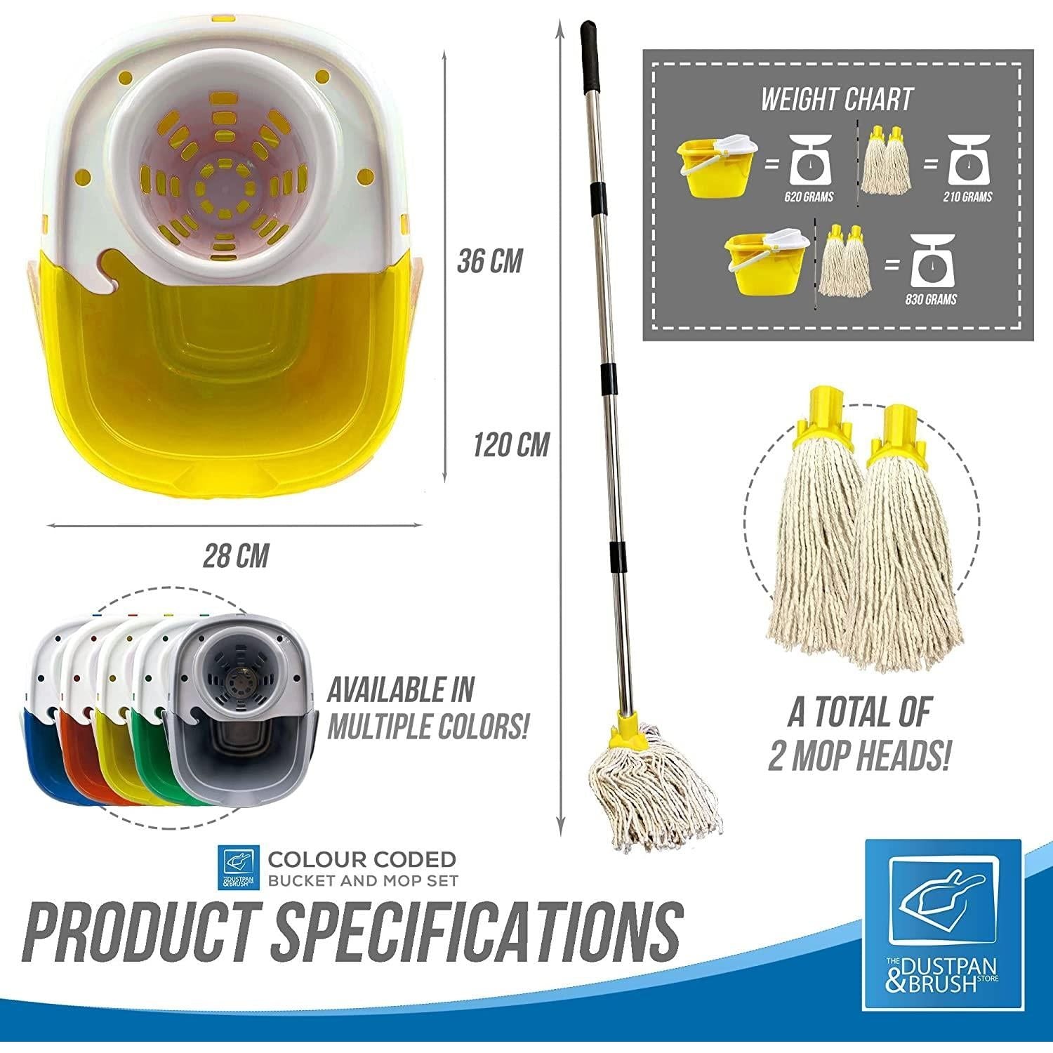 Yellow Mop Bucket with 2 Cotton Mop Heads and 4 Piece Handle - The Dustpan and Brush Store