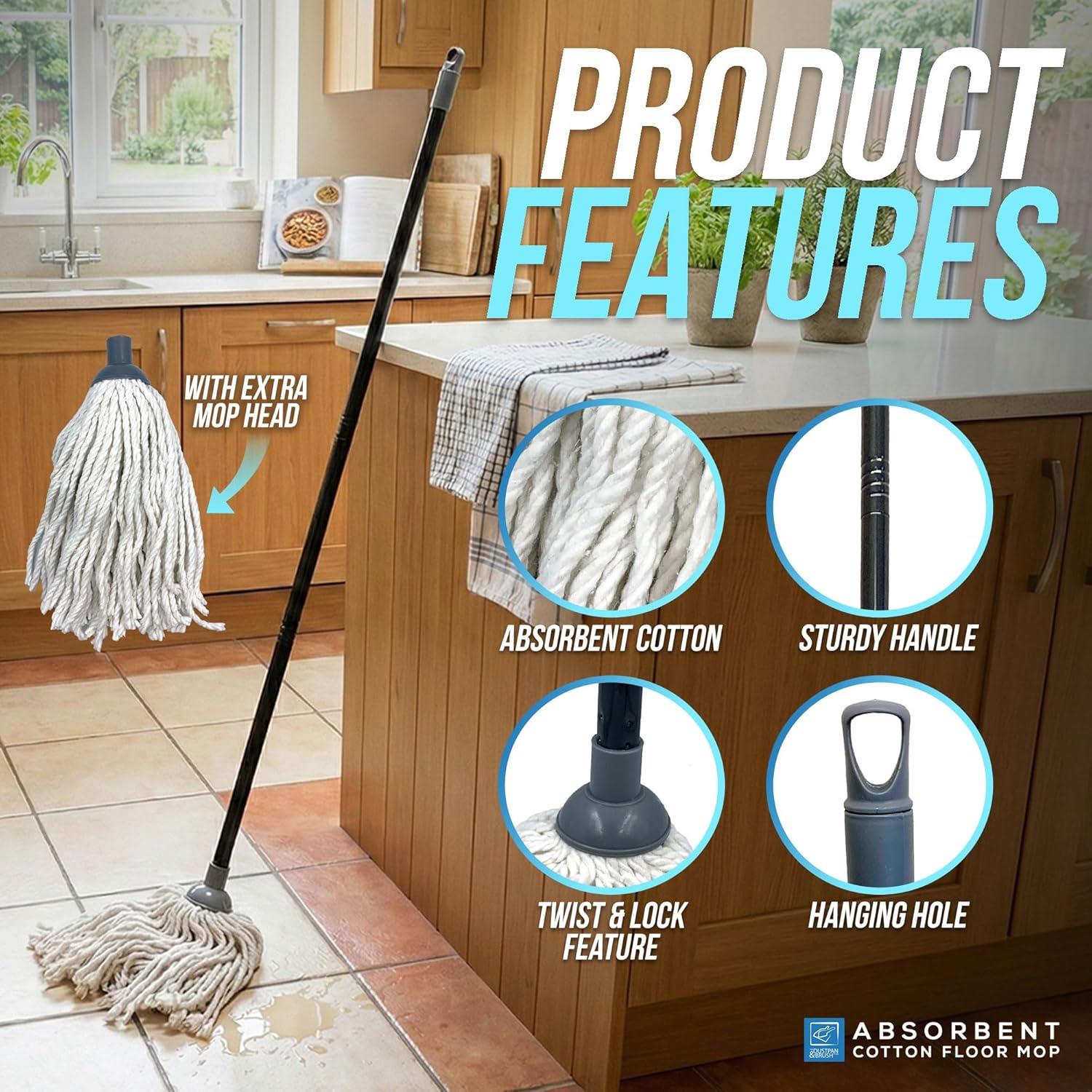 Traditional Cotton Floor Mop features, the image shows that the mop has absorbent cotton, a sturdy handle, a twist and lock feature and a hanging eye for easy storage