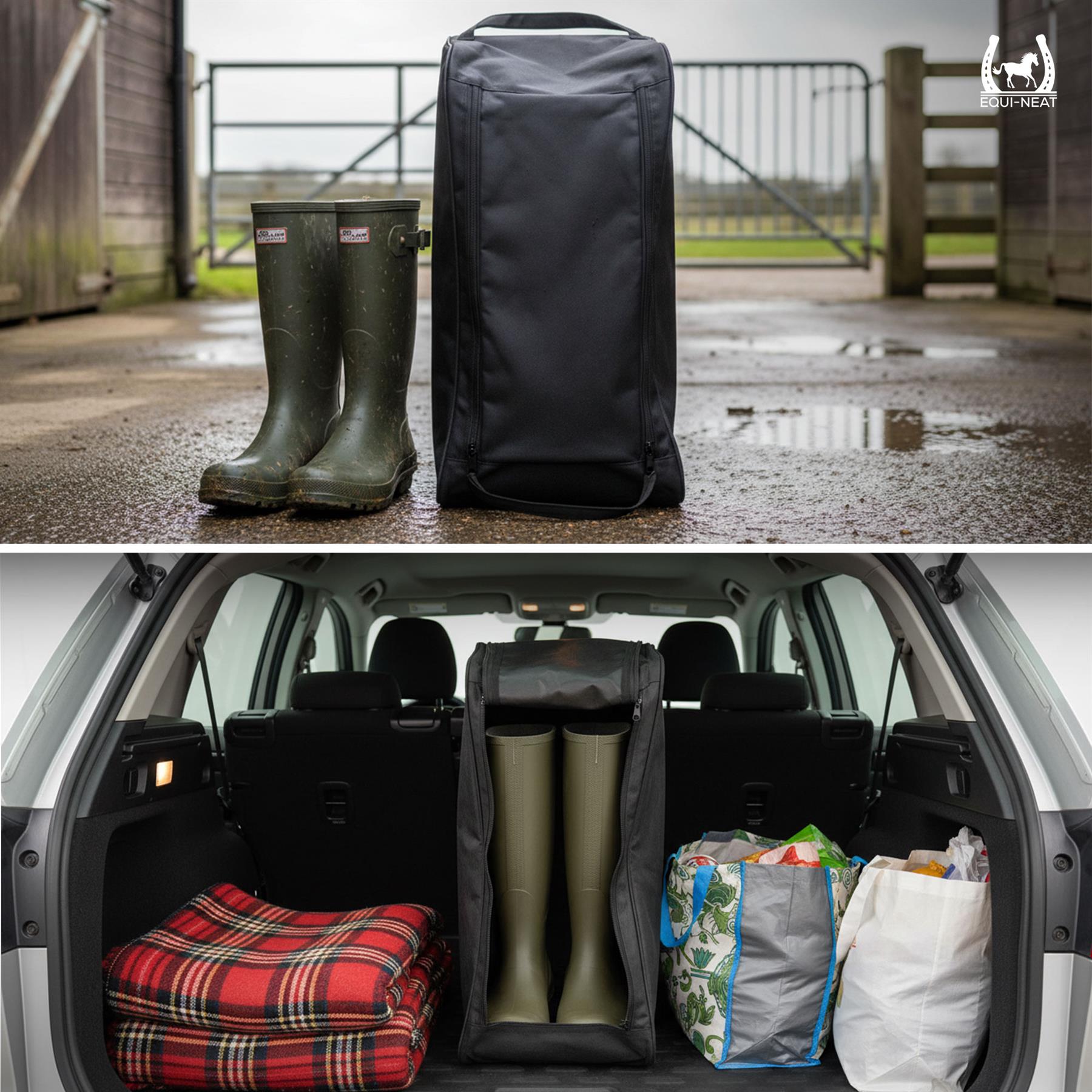 The large boot bag for wellies & walking boots stood upright in the open trunk of a vehicle, with a pair of green wellies beside it in the top photo and the wellies visible inside the bag in the bottom photo. The top photo is set outdoors on wet pavement near a gate, and the bottom photo shows the bag in use in the back of a car.