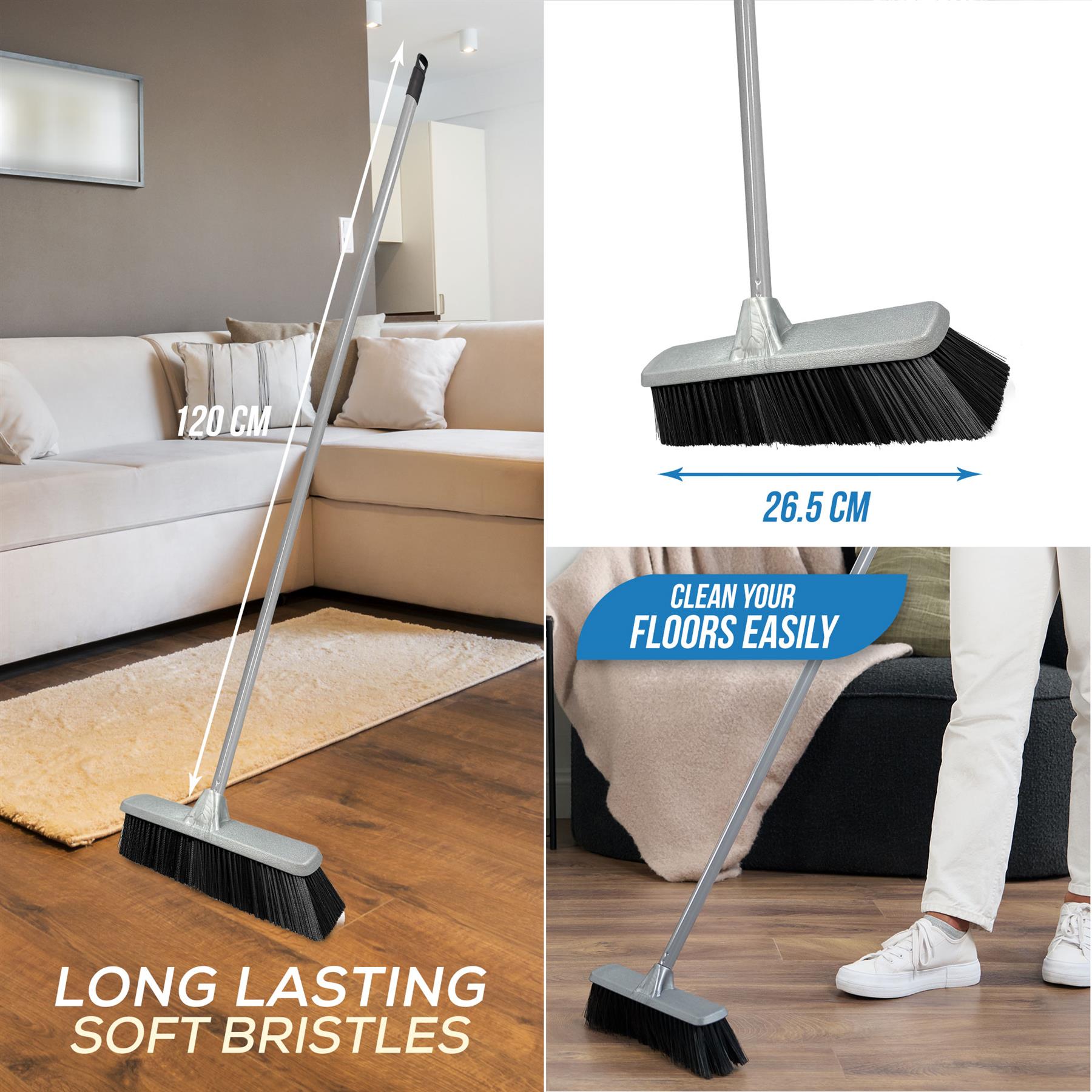 Silver Indoor Soft Sweeping Brush Head and Handle Kitchen Broom Floor Sweeper - The Dustpan and Brush Store