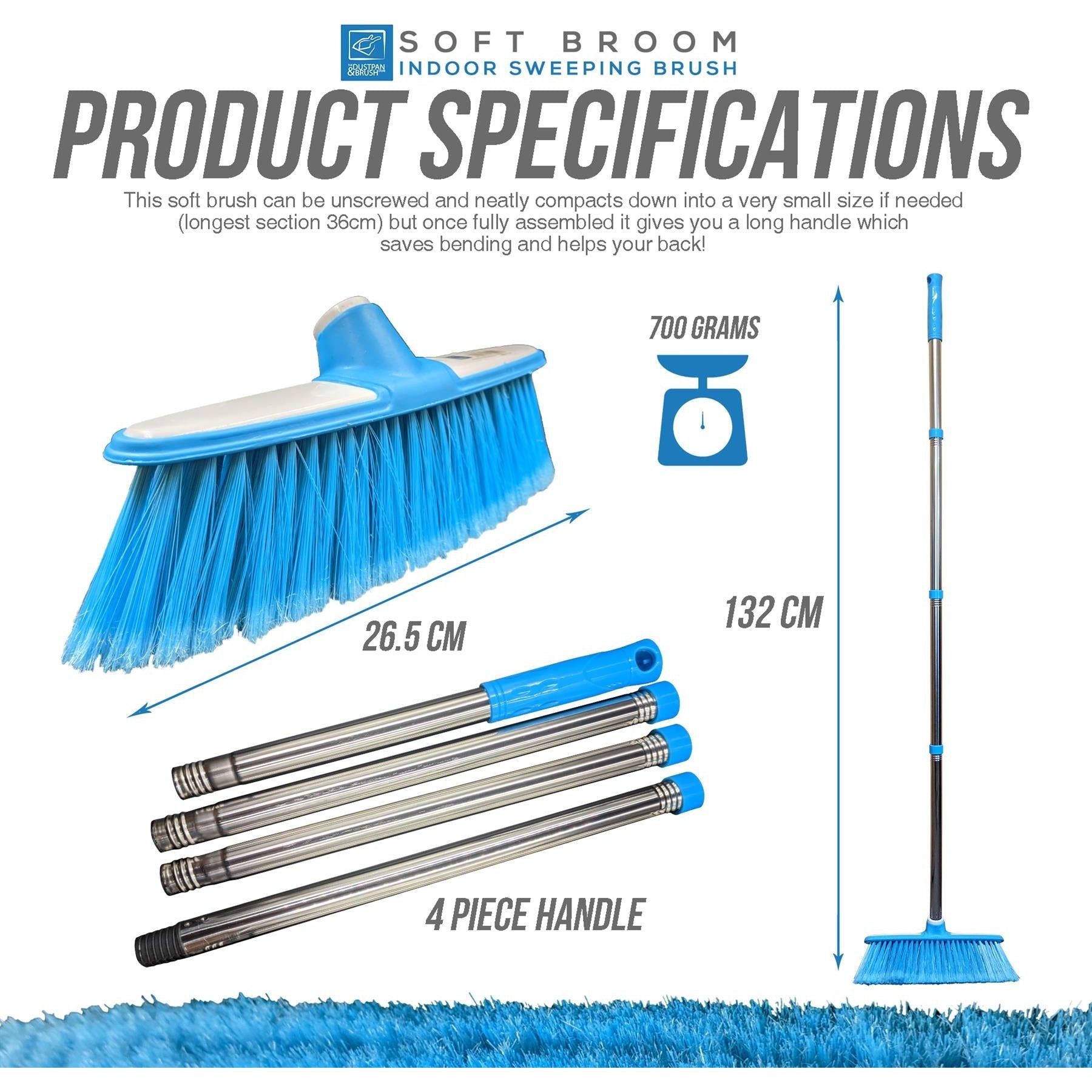 Blue & White Indoor Broom with 4 Piece Stainless Steel Handle - The Dustpan and Brush Store