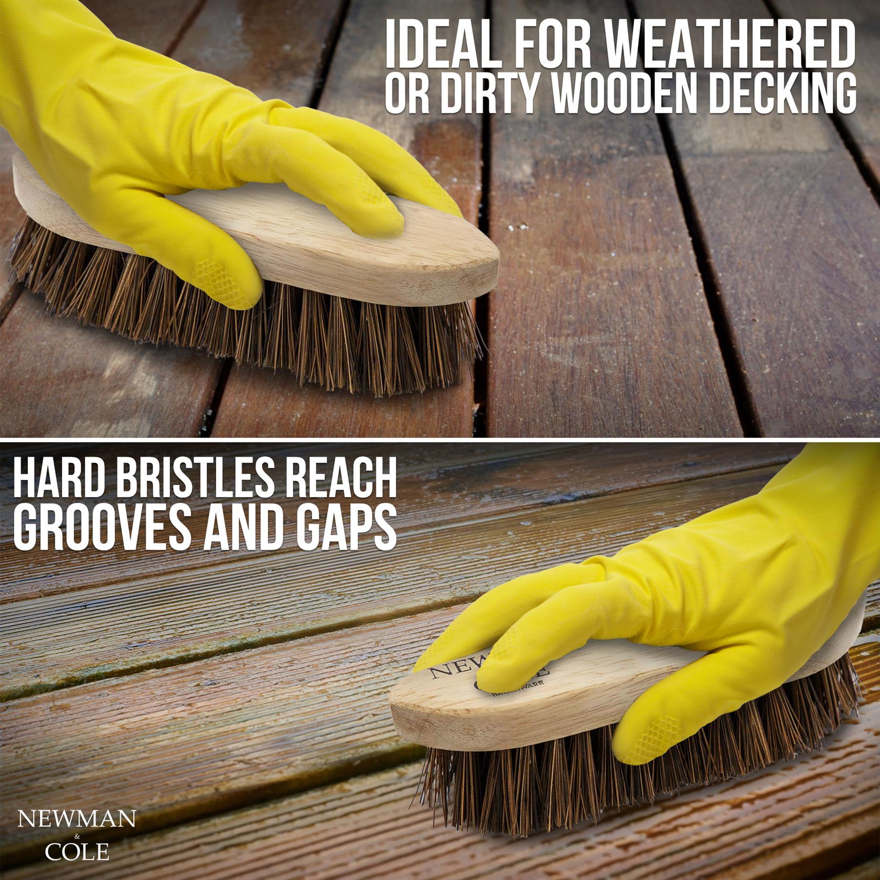 Hand using a brush with hard bristles on wooden decking, wearing yellow gloves.