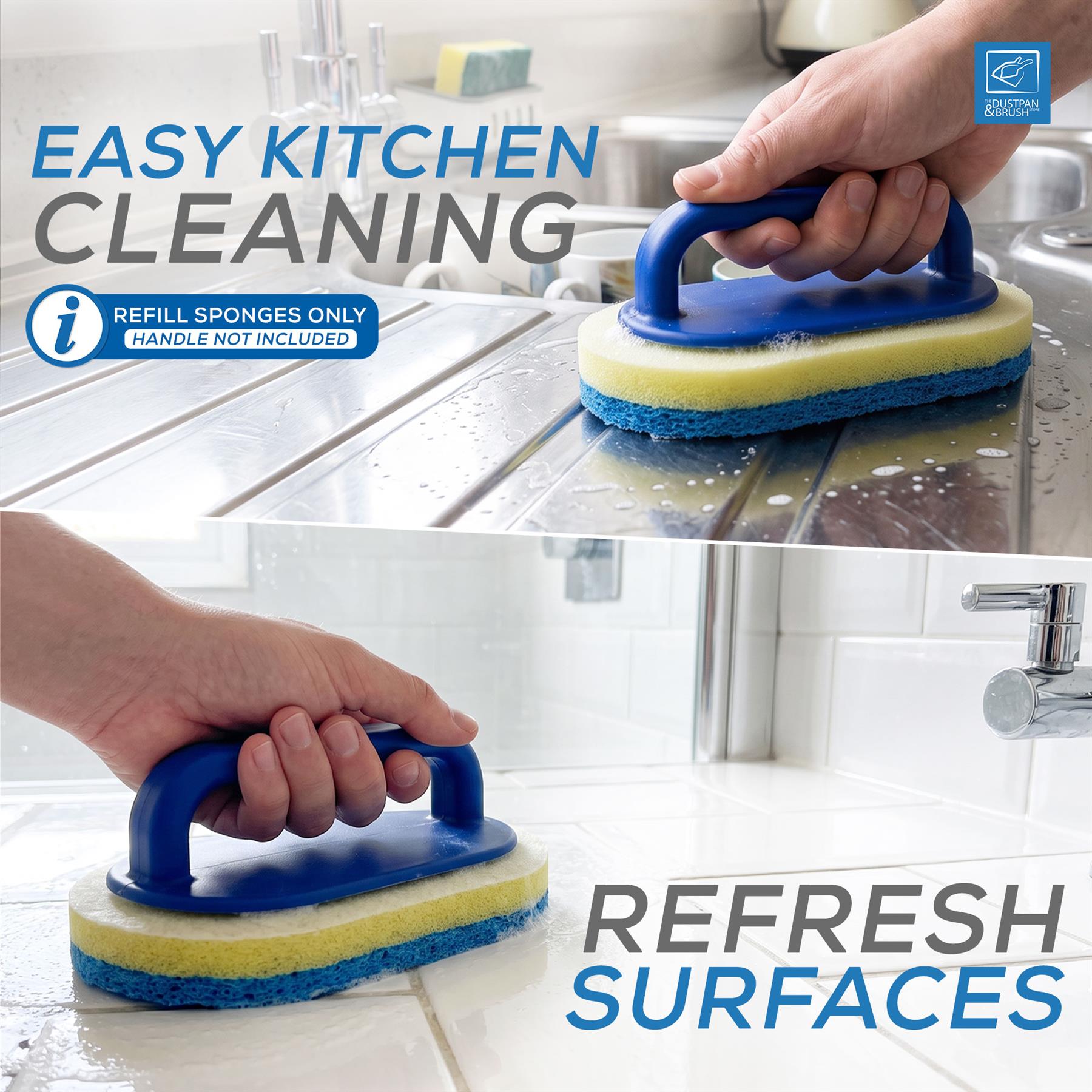 A two-panel promotional image showing a blue and yellow kitchen cleaning sponge being used on a stainless steel sink surface and a white tiled countertop. Large text reads 'EASY KITCHEN CLEANING' and 'REFRESH SURFACES,' with a small 'Kleen Klean' logo in the top right.