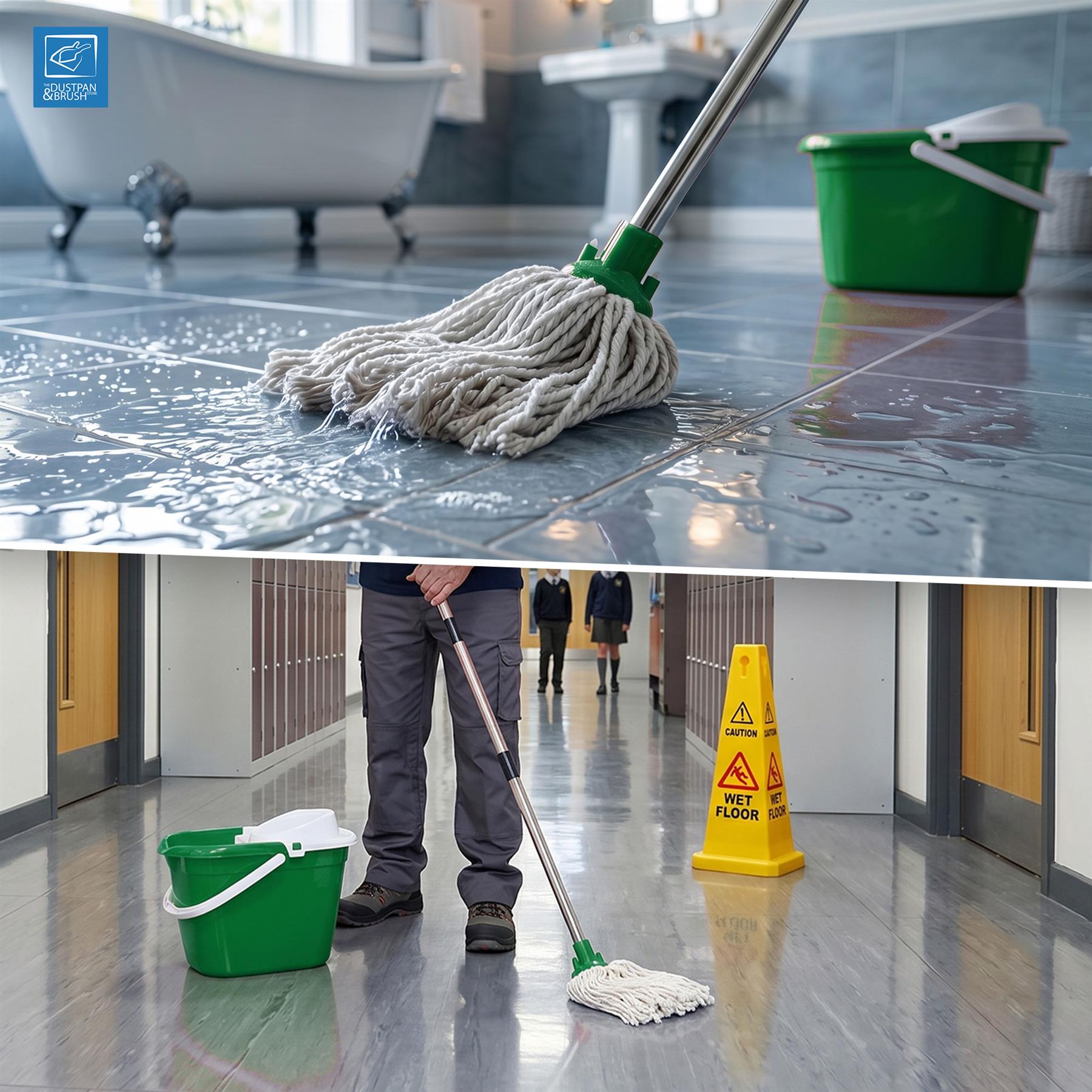 A split-screen image showing a cordless floor mop in use. The top half shows the gray mop head cleaning a wet, glossy tiled bathroom floor with a green bucket nearby.