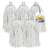Five white cotton mop heads with silver metal sockets, shown on a white background with a product tag attached to one head. The tag reads 'METAL SOCKET REPLACEMENT HEADS'