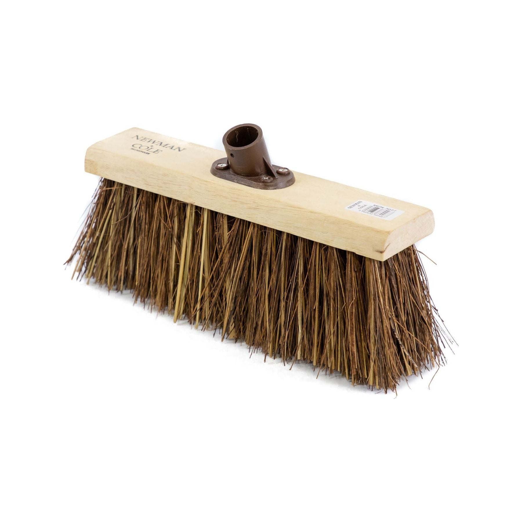 13" Newman and Cole Nautral Stiff Bass & Cane Flat Broom Head with Plastic Socket and Wooden Handle - The Dustpan and Brush Store