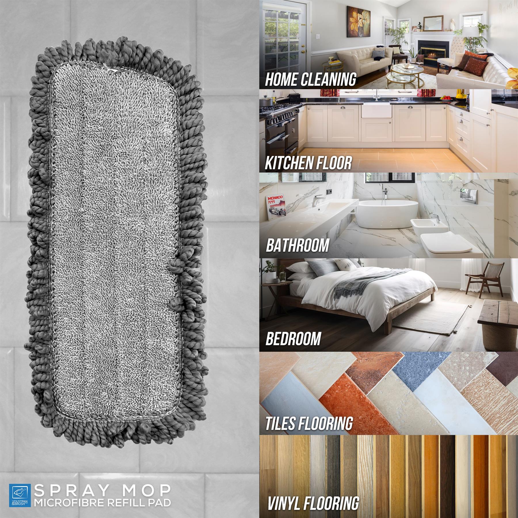 A grey microfiber spray mop refill pad with a textured centre and fringed edges, shown on a tiled floor next to a collage of indoor cleaning scenes including home cleaning, kitchen floor, bathroom, bedroom, tiles flooring, and vinyl flooring.