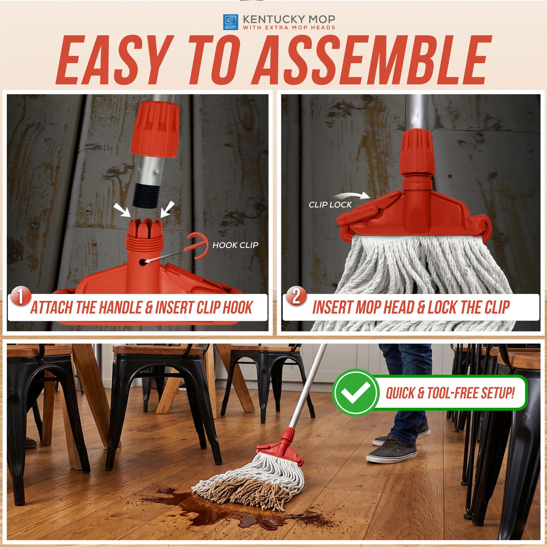 Kentucky Mop with step-by-step assembly instructions on a beige background