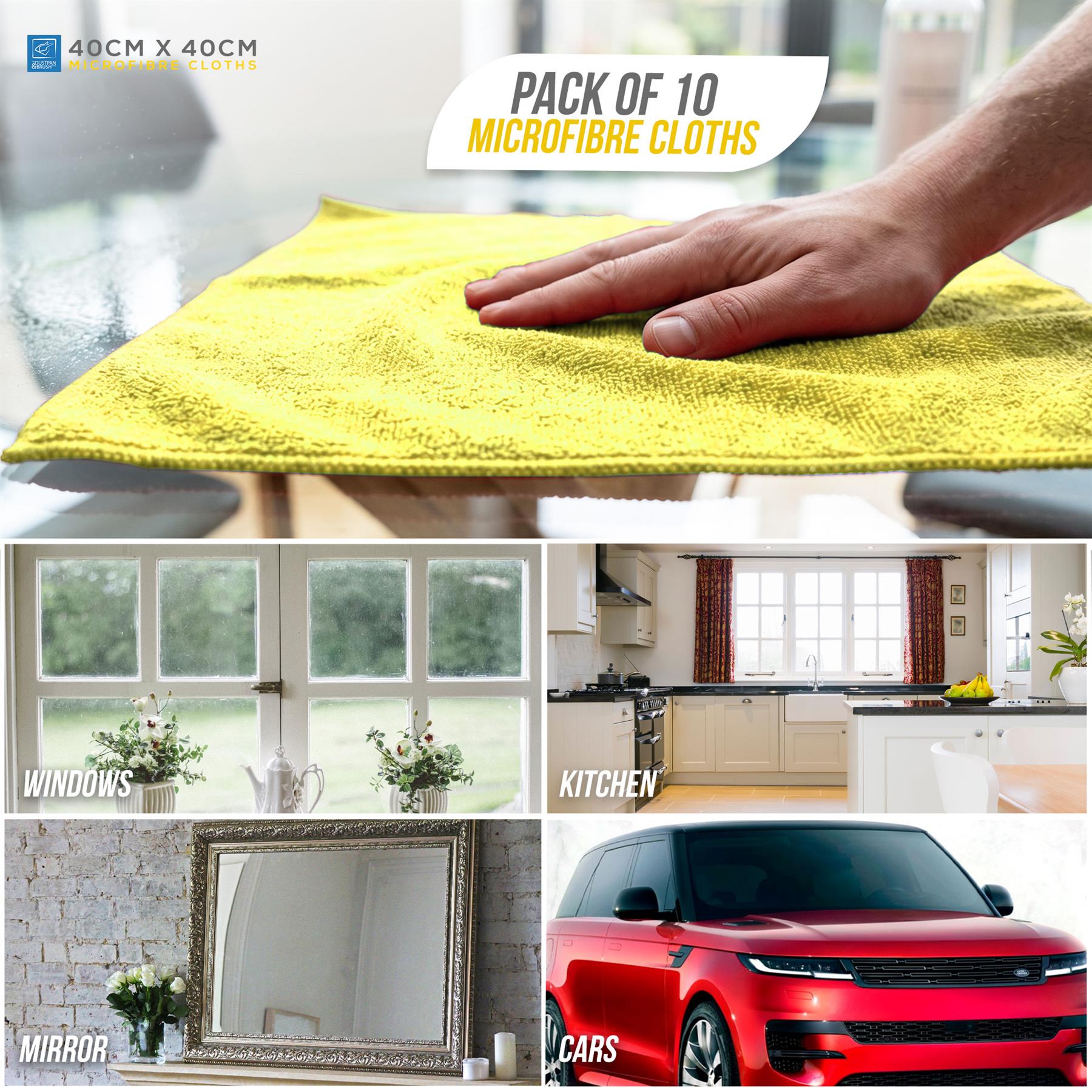 Pack of 10 yellow microfibre cleaning cloths, shown with a hand wiping a glass table. The collage includes smaller photos of the cloths being used on windows, a kitchen counter, a mirror, and a red car, with text indicating 40cm x 40cm size and pack of 10.