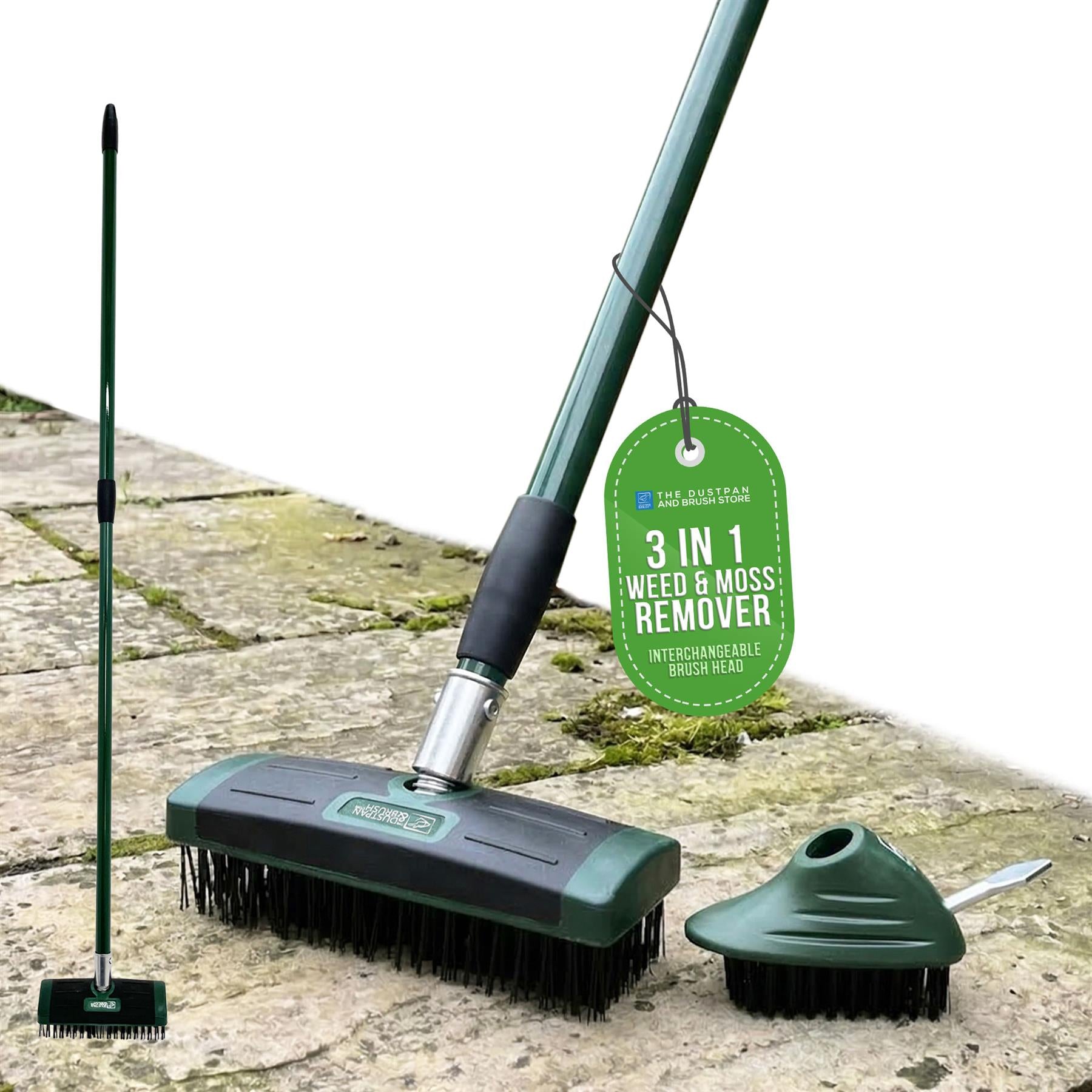 3-in-1 weed and moss remover with interchangeable brush head on a stone surface.