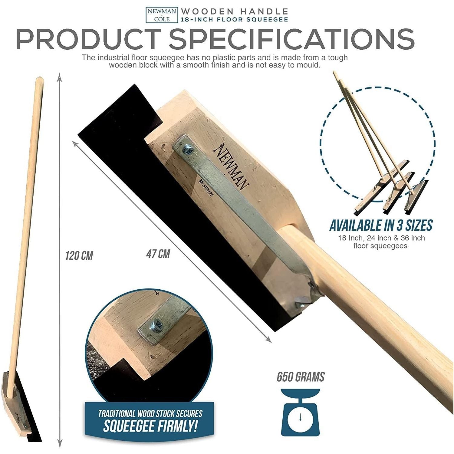 18" Newman and Cole Wooden Floor Squeegee with 1 1/8 Taper Handle - The Dustpan and Brush Store