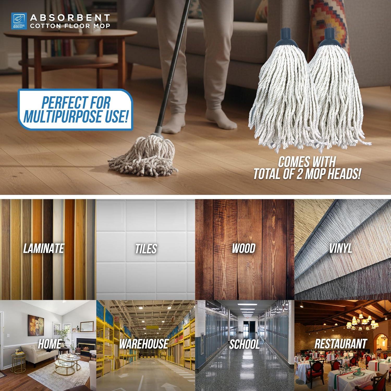 Traditional Cotton Floor Mop shown as an absorbent cotton floor mop in a home setting with a person's legs visible, alongside two additional white mop heads. The top section includes text reading 'Perfect for multipurpose use!' and 'Comes with total of 2 mop heads!'.
Products uses are laminate, tiles, wood, vinyl, home, warehouse, school and a restaurant