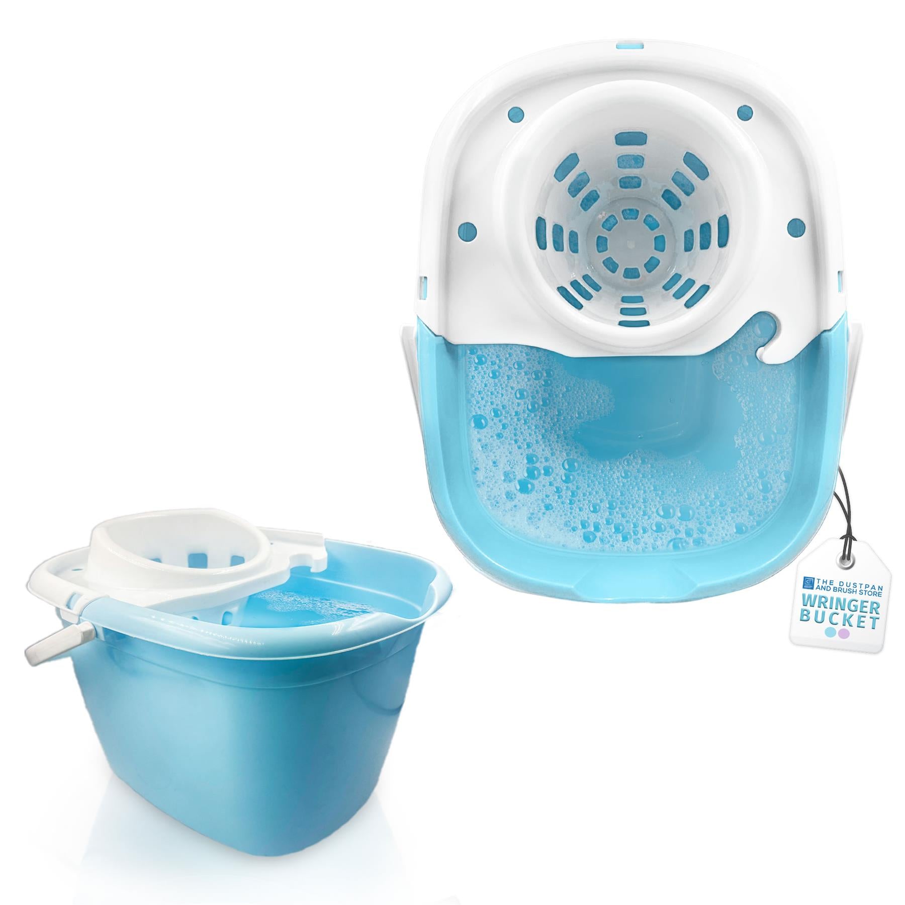 A light blue and white wringer bucket mop set shown on a clean white background, with one bucket displaying the wringer attachment and the other showing the bucket body with a hanging tag that reads 'MISTFULNESS WRINGER BUCKET'.