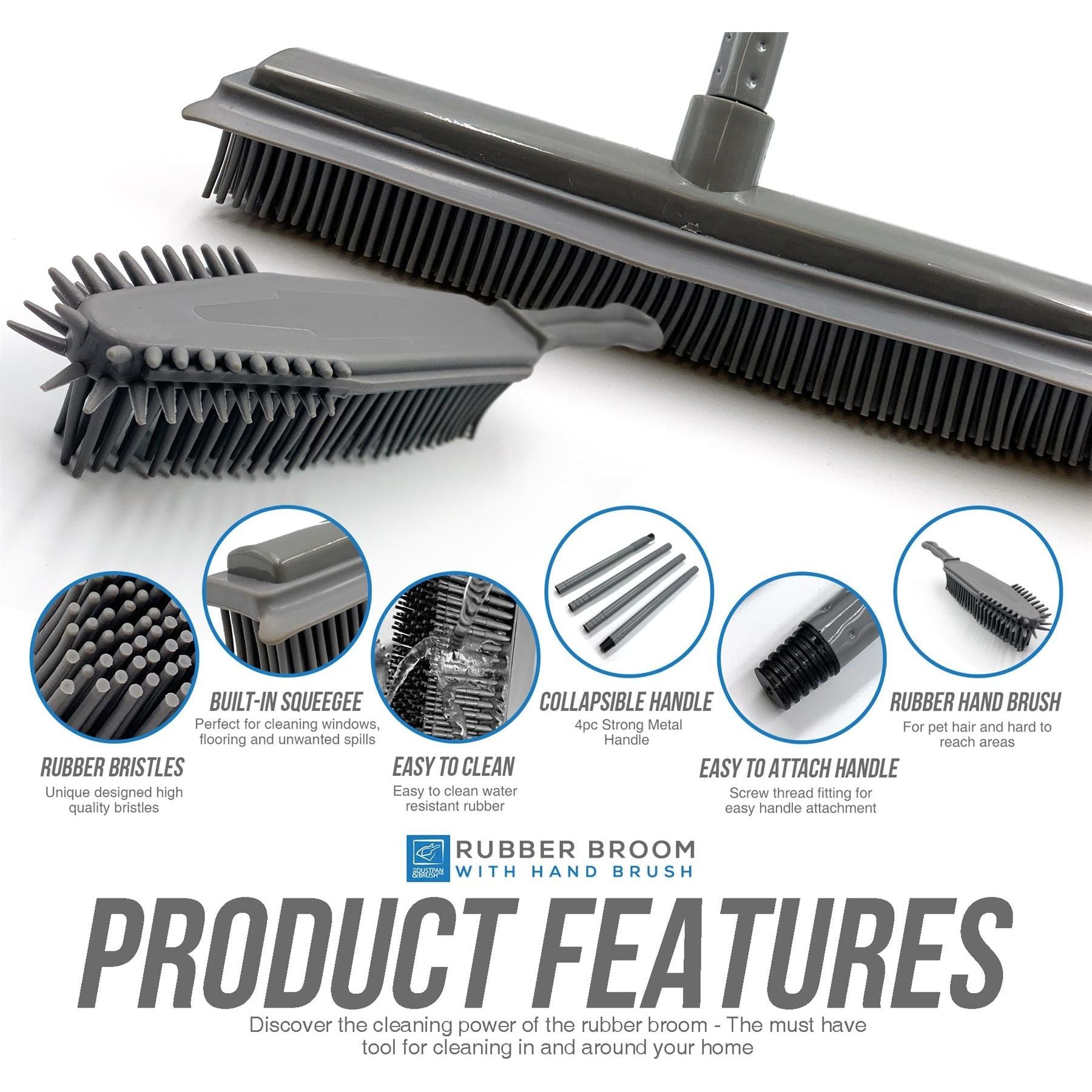 Grey Rubber Broom and Hand Brush Set - The Dustpan and Brush Store
