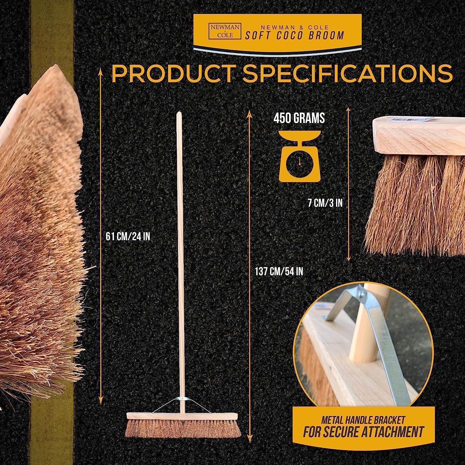 Product specifications graphic for a Herman & Co Soft Coco Broom, showing the broom dimensions (61 cm / 24 in and 137 cm / 54 in), weight (450 grams), and a circular inset explaining the metal handle bracket for secure attachment.