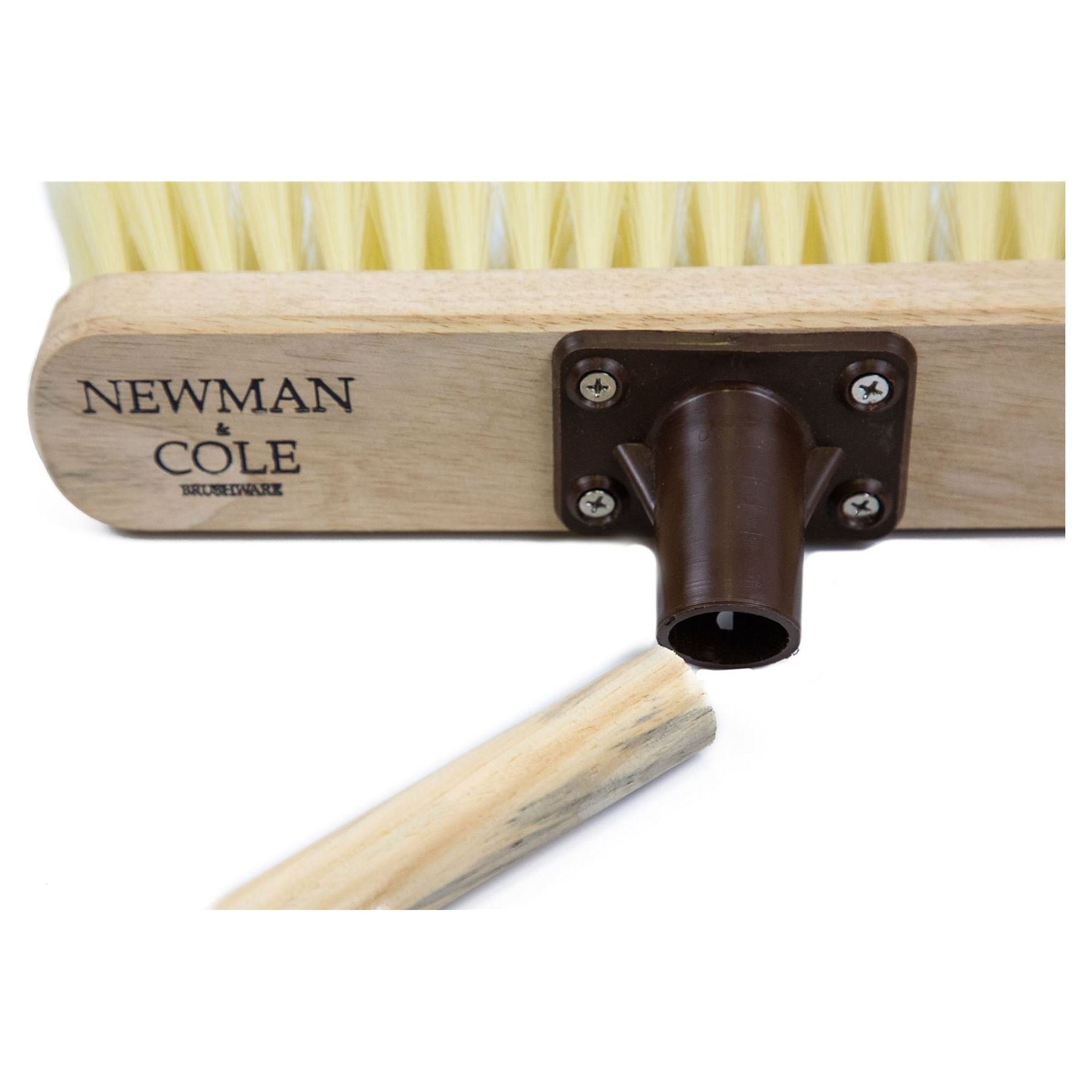 12" Newman & Cole Soft Synthetic Broom Head with Plastic Bracket showing a handle going into the plastic bracket