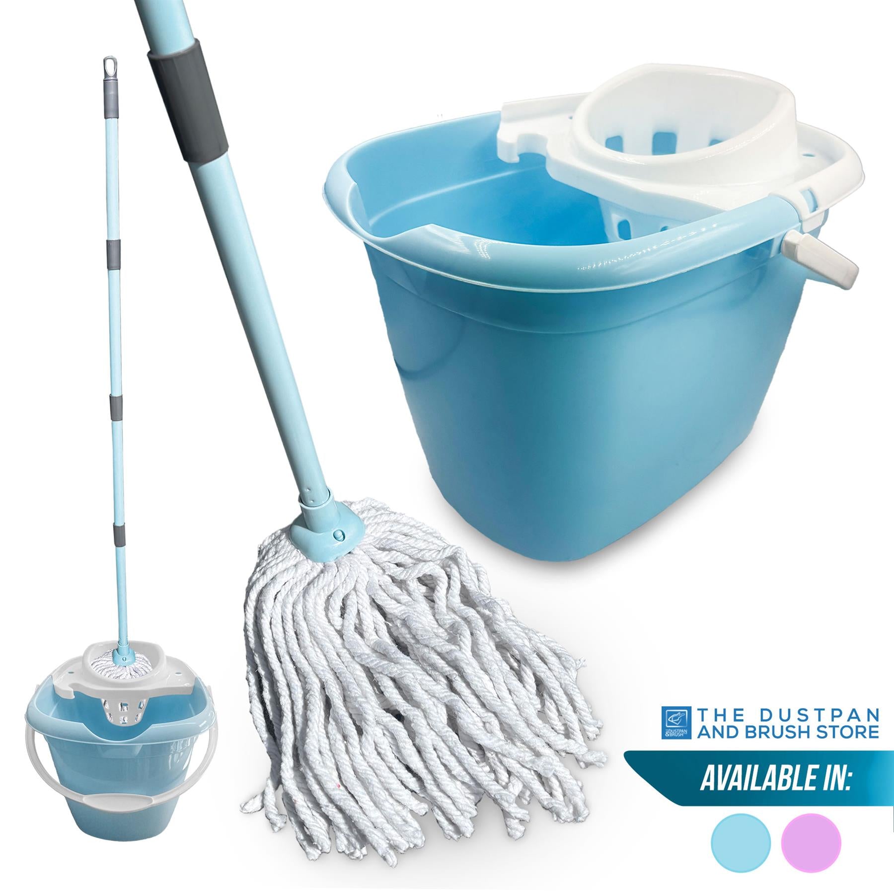 A light blue and white wringer mop set with a bucket, long handle, and separate brush holder, shown on a white background with a 'The Dustpan and Brush Store' logo in the bottom right corner.