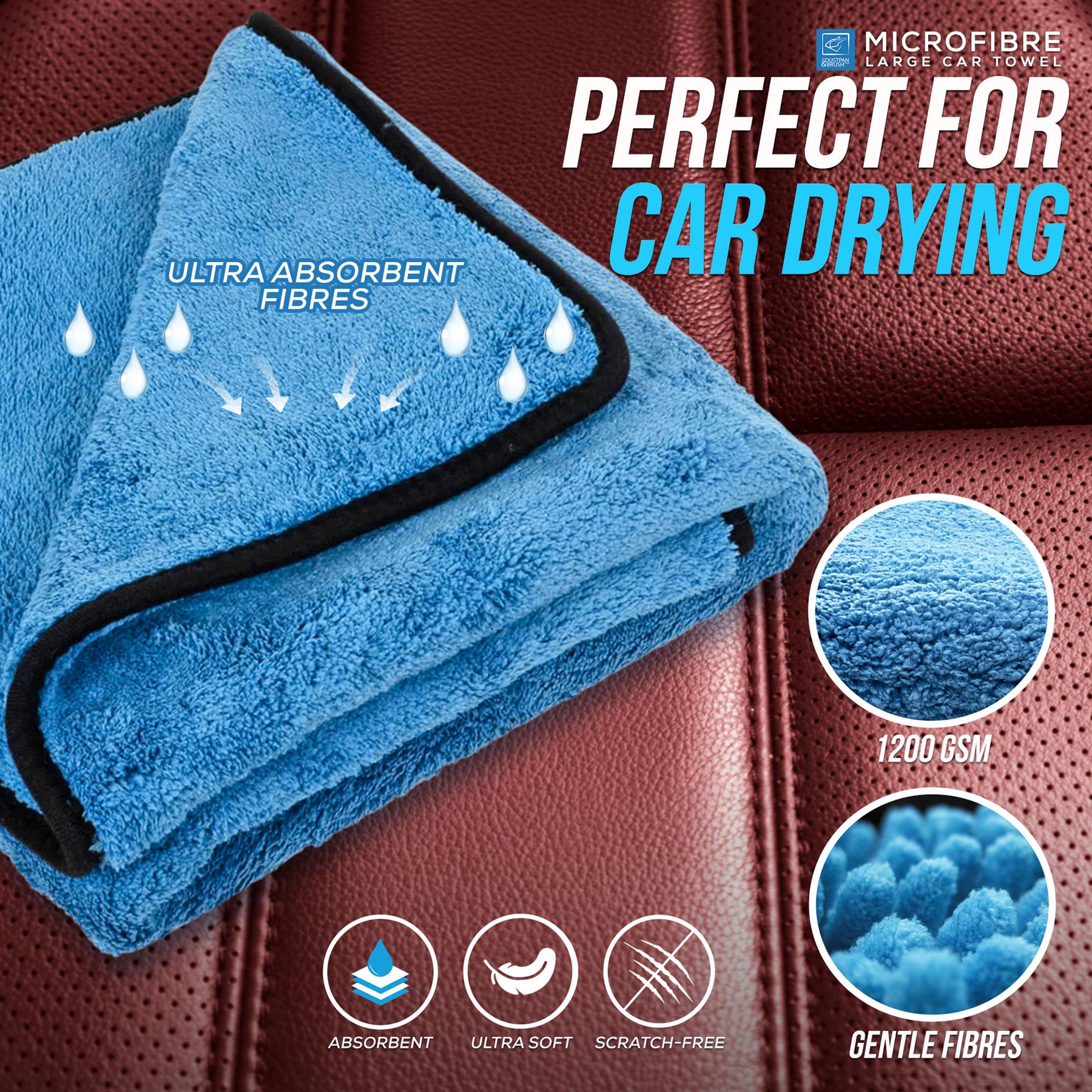 Blue microfibre car drying towel with black trim, shown folded on a red leather surface. Text highlights ultra absorbent fibres, perfect for car drying, and includes close-up texture circles and feature icons.