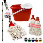 A mop and wringer bucket set on a white background, including a long black-and-silver mop with white cord, a red-and-white bucket, two mop heads, and small color-option icons along the bottom.
