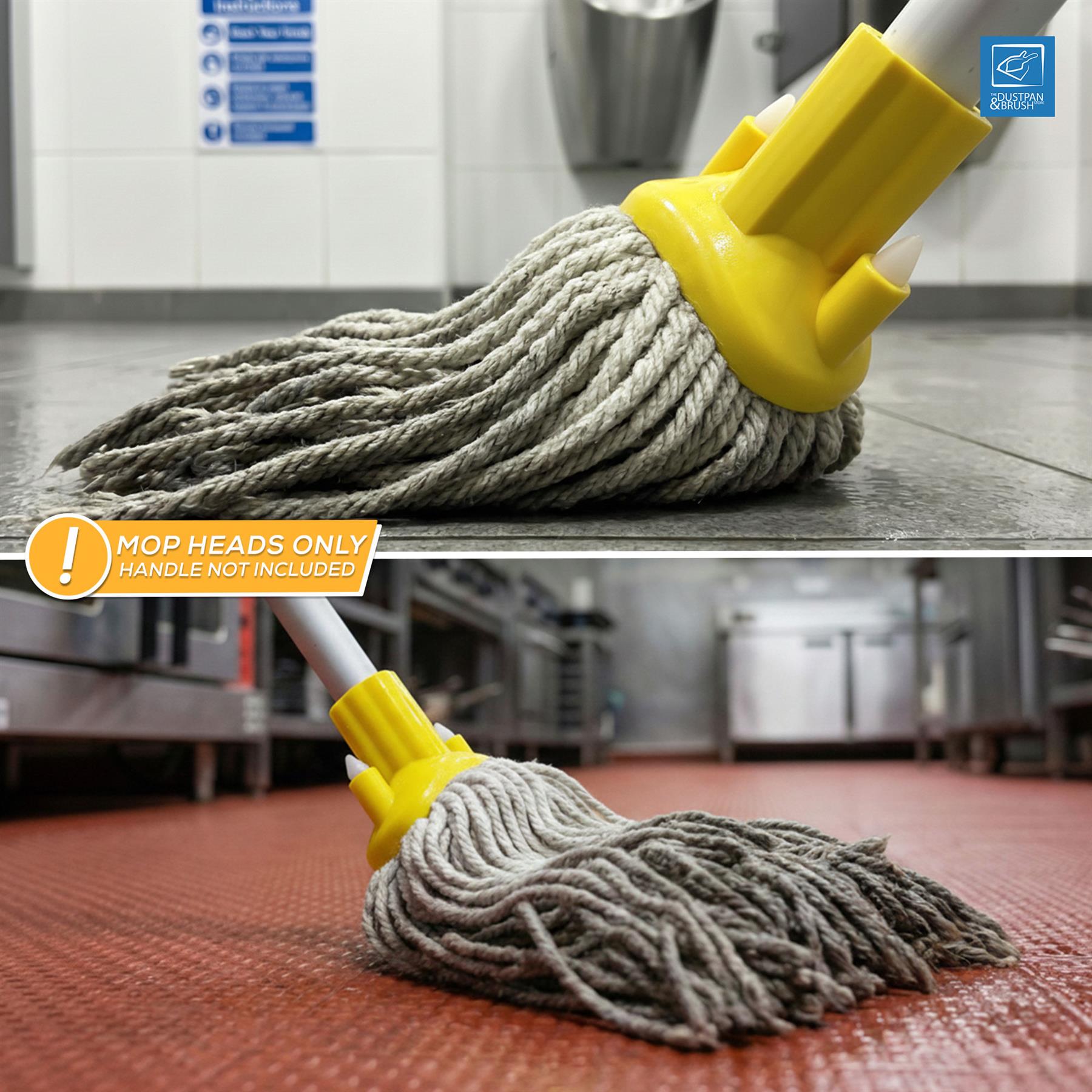 A split-view product photo showing a grey cotton mop head with a bright yellow plastic connector and white handle, used on a dark floor in the top panel and a red textured floor in the bottom panel. A badge says 'Mop Heads Only'