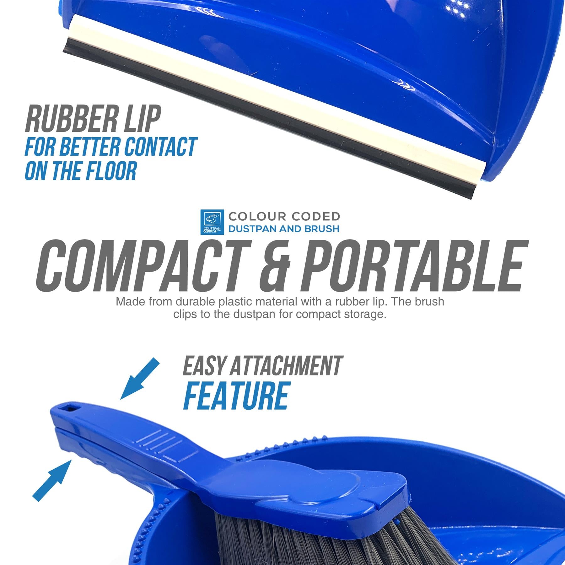 Blue dustpan and brush set with text highlighting features on a white background