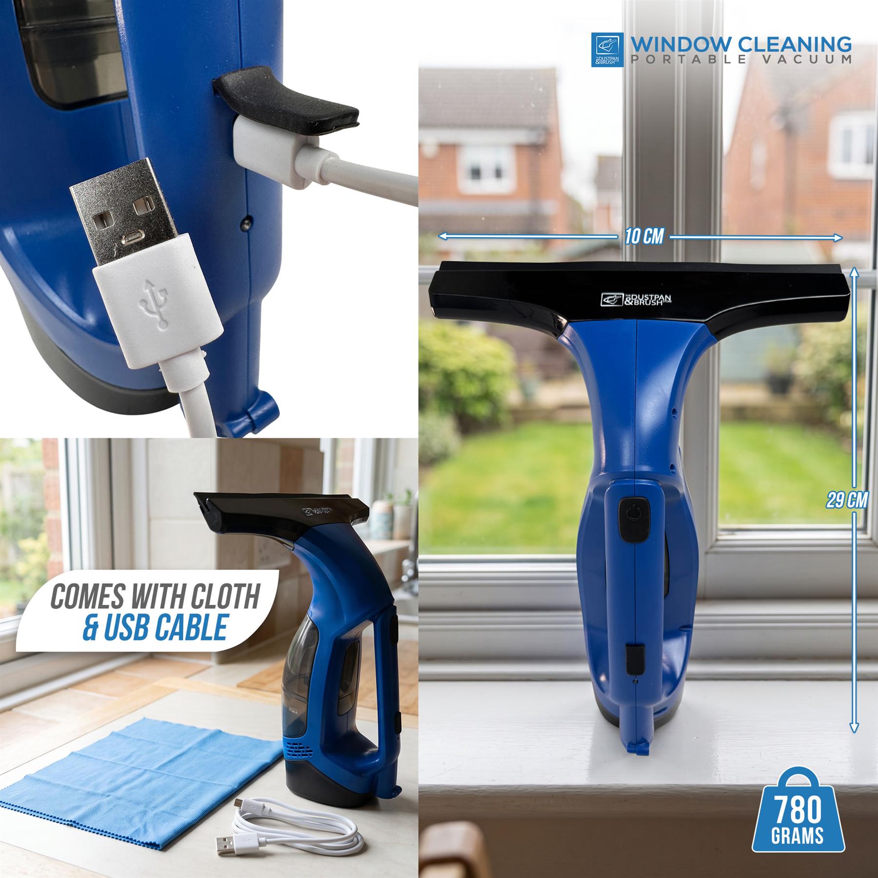 Blue portable window cleaning vacuum shown in a collage with close-up views, dimensions (18 cm wide, 29 cm tall), included cloth and USB cable, and a window background. Brand text 'WINDOW CLEANING PORTABLE VACUUM' appears at top right.