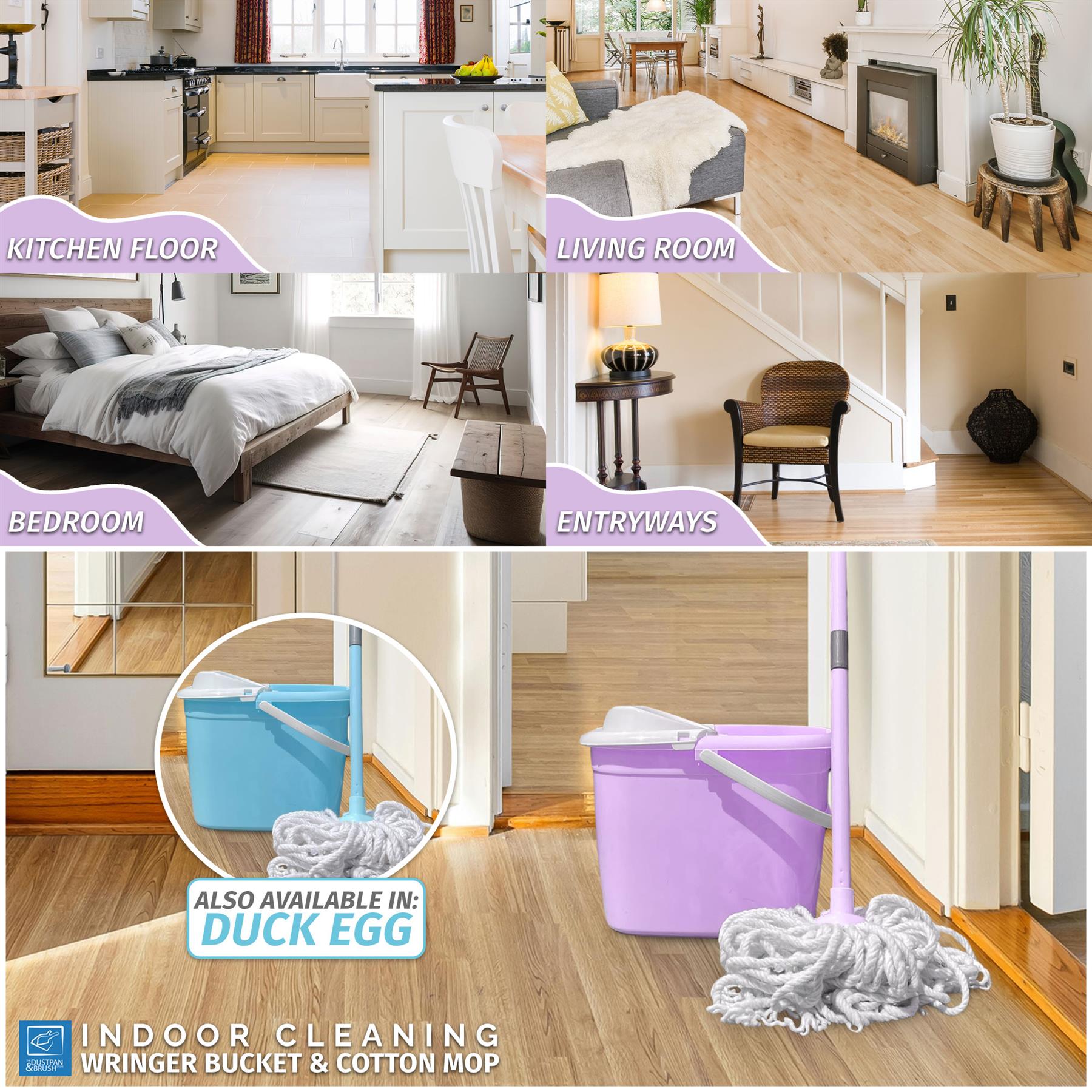 A collage showing a bucket mop and wringer in use in several indoor rooms, including kitchen floor, living room, bedroom, and entryways. The image includes product close-ups of a lilac bucket with white wringing straps and a cotton mop head.