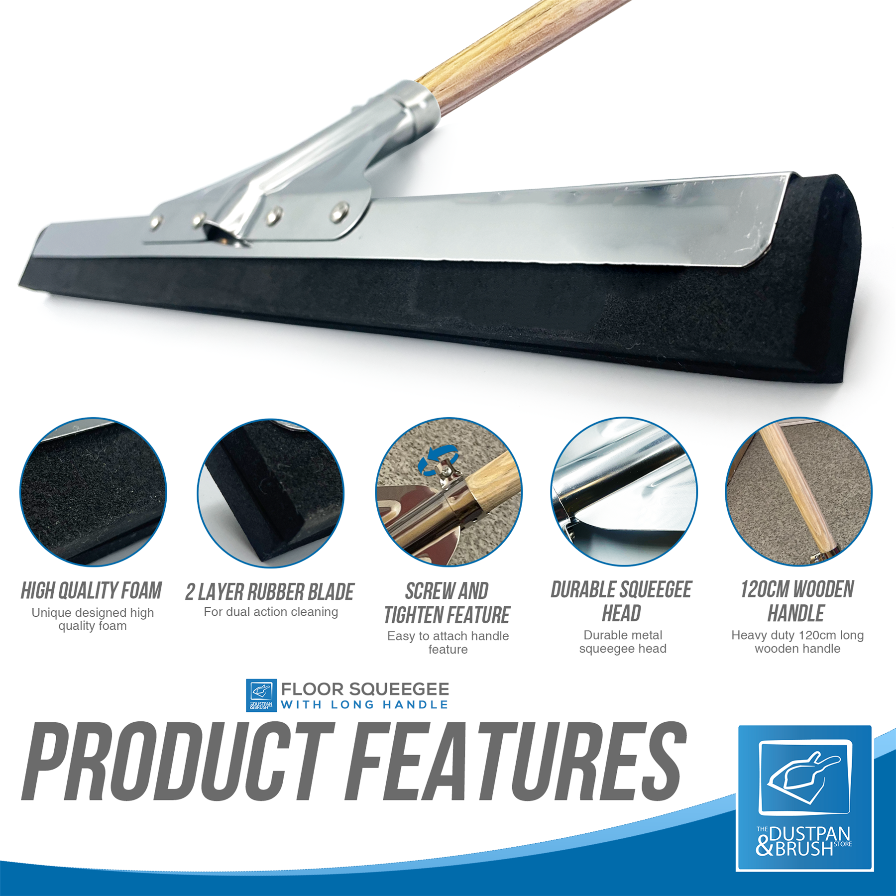 18" Black Foam Floor Squeegee Blade and Wooden Handle - The Dustpan and Brush Store