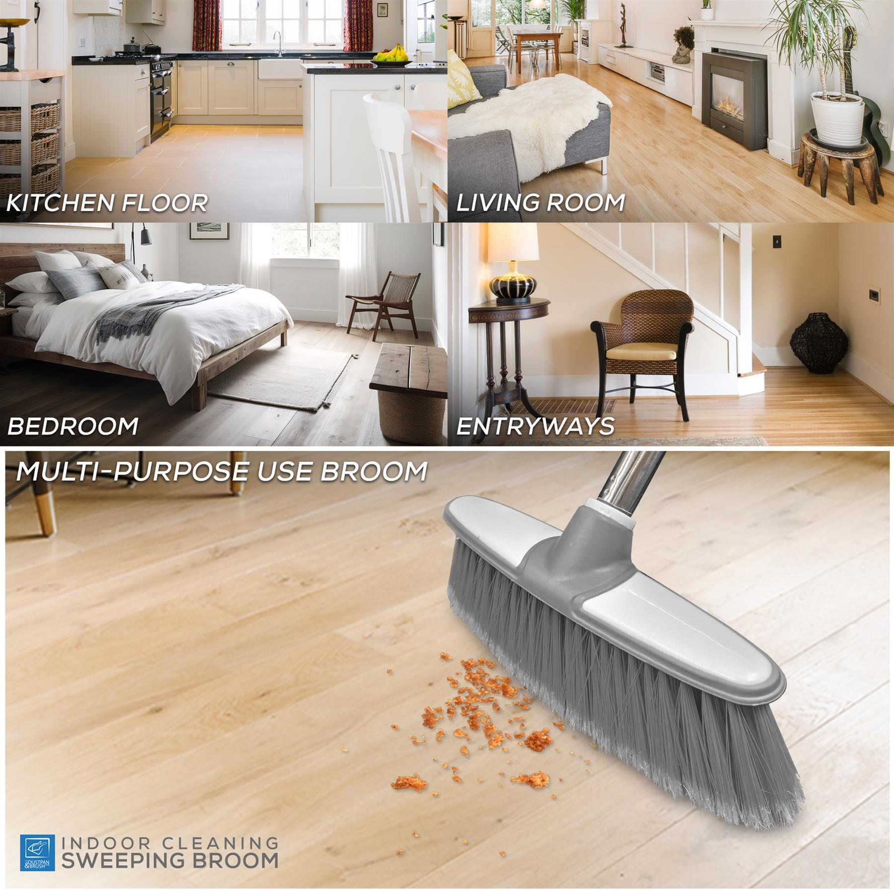 Grey & White Indoor Broom with 4 Piece Handle - The Dustpan and Brush Store