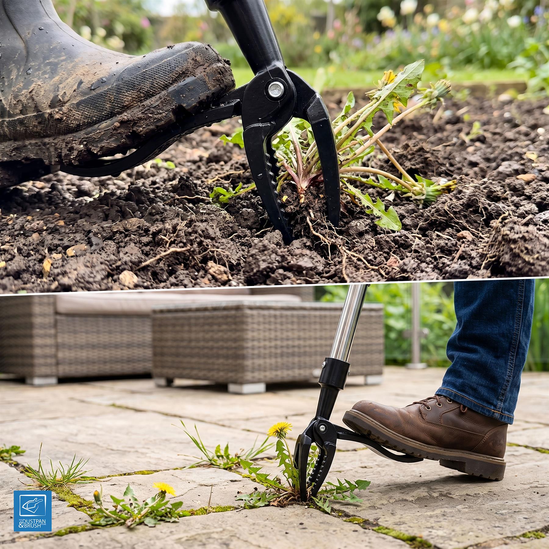 A split-screen demonstration of a black and silver wheelie bin grabber tool. The top half shows a foot using the tool to lift a plant from dark soil.