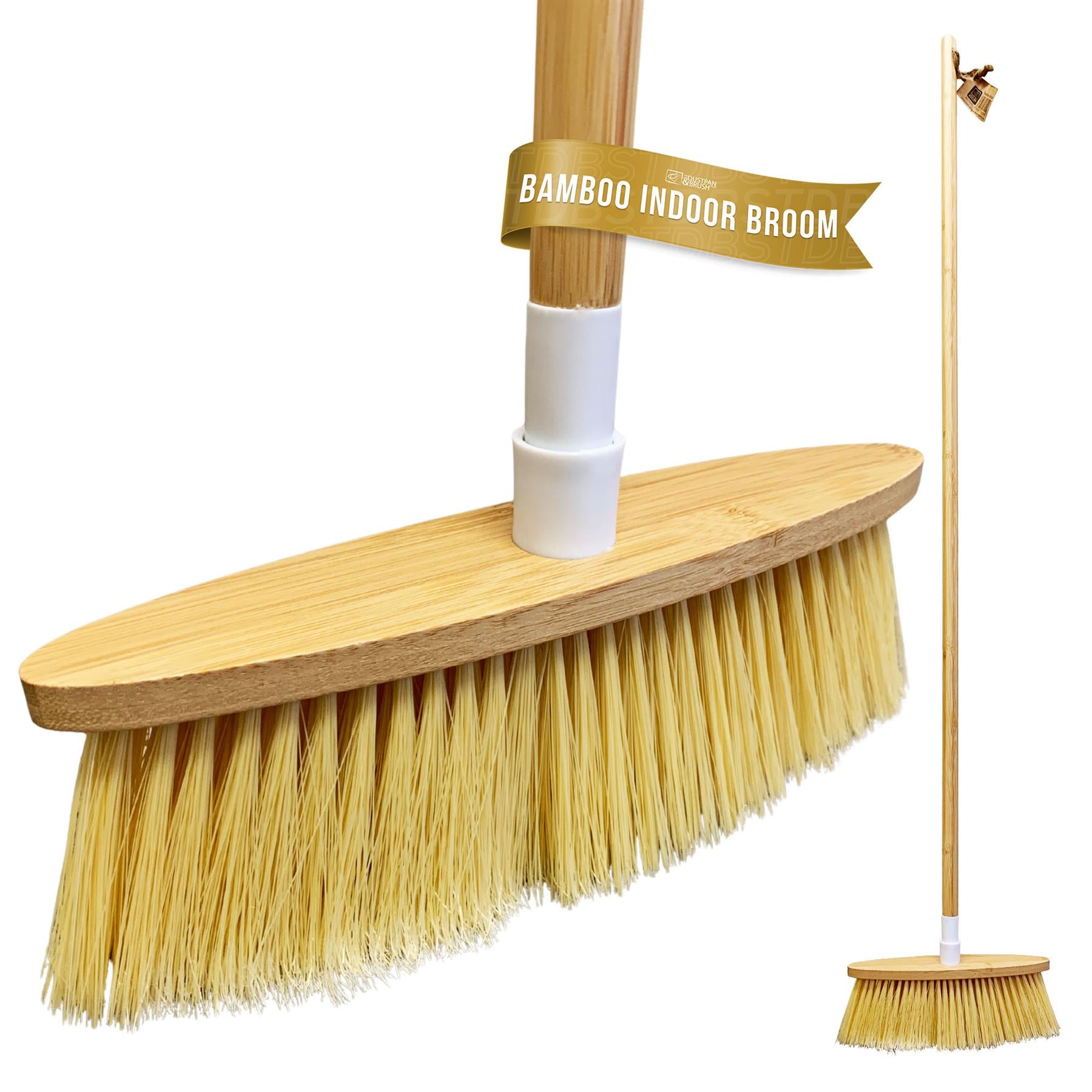 Bamboo indoor broom with a white handle on a white background
