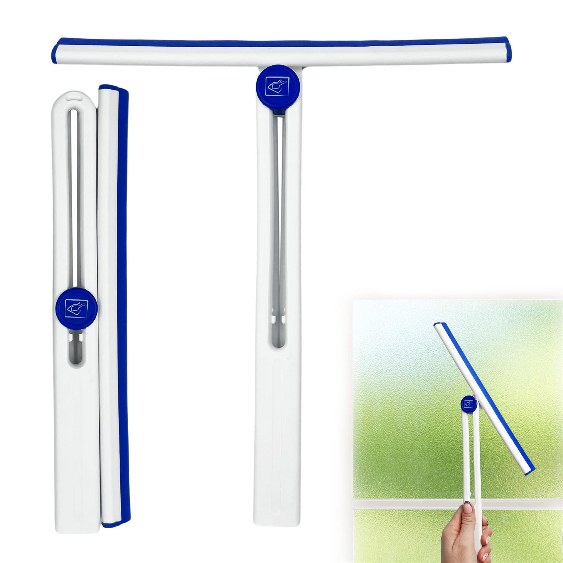 A window squeegee and its storage case shown on a white background, with a small inset demonstrating the squeegee being used on a window by a hand.